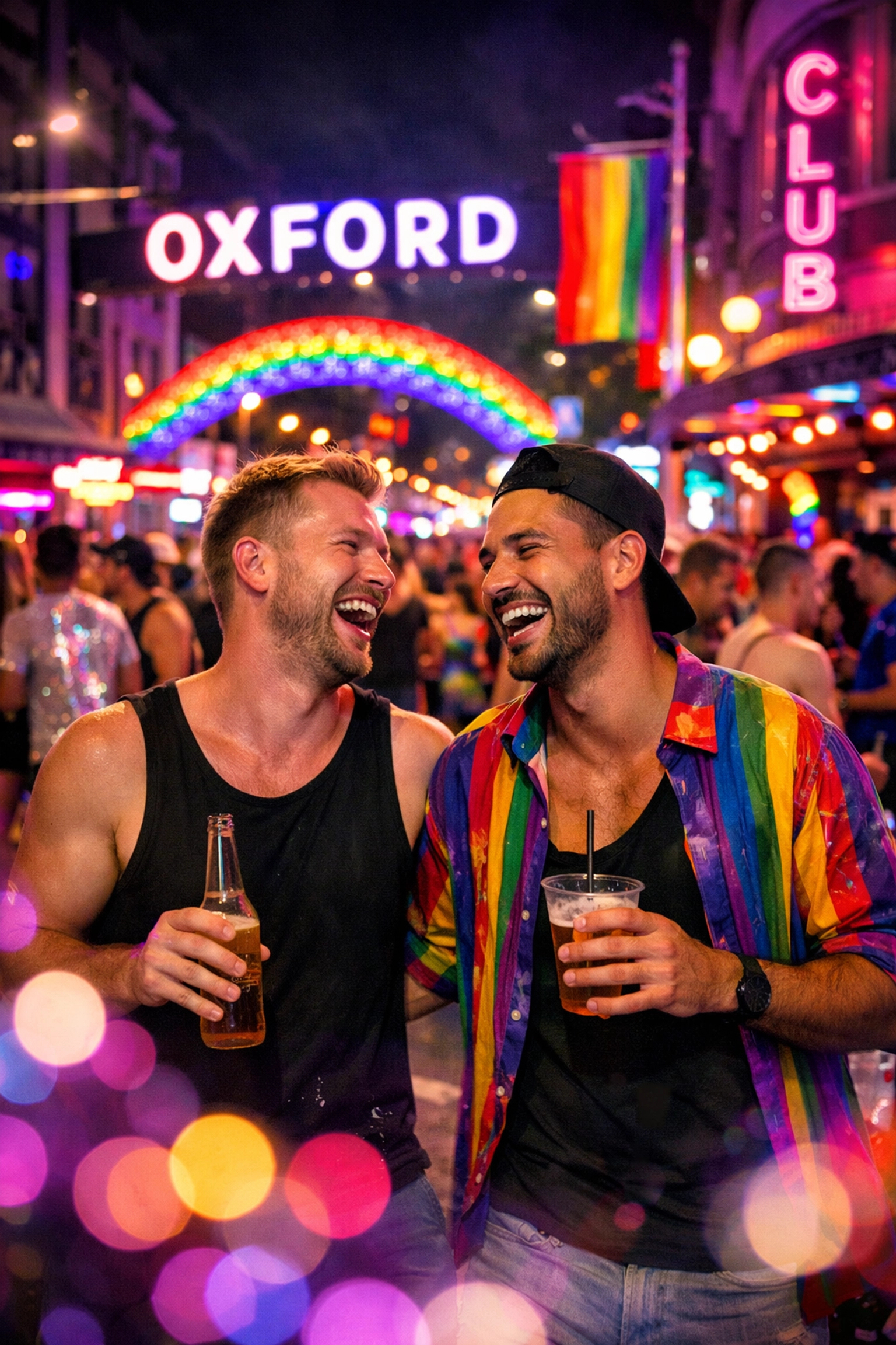 Gay couples celebrating on Oxford Street Darlinghurst at night during Sydney Mardi Gras festival