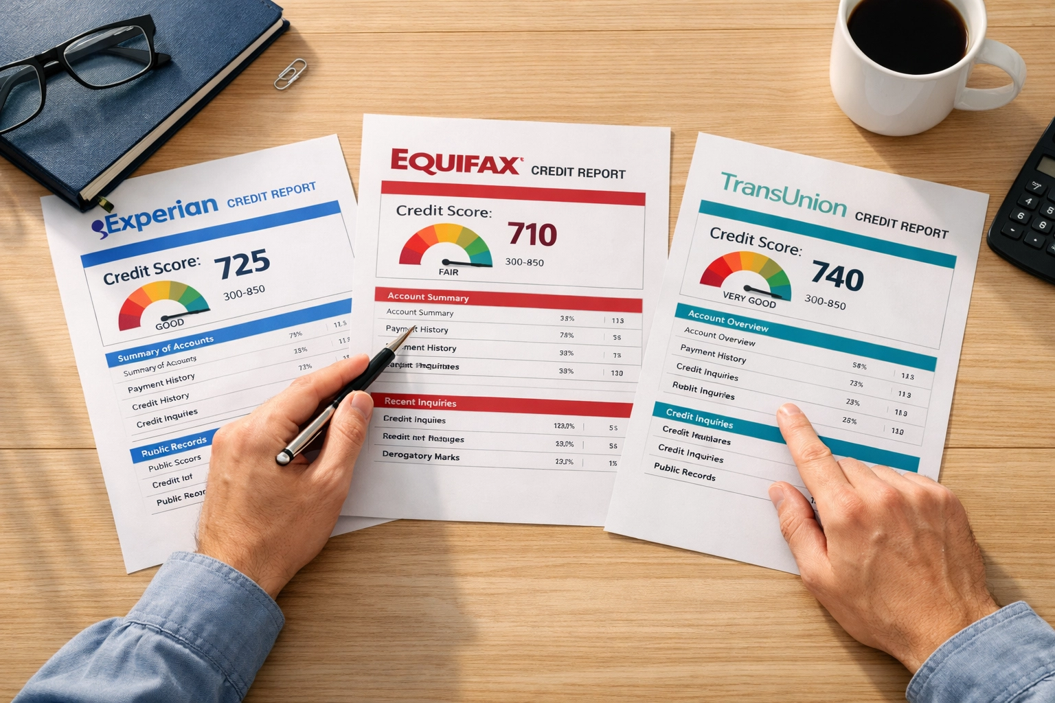 Person reviewing three credit reports from Transunion, Equifax, and Experian side by side on desk