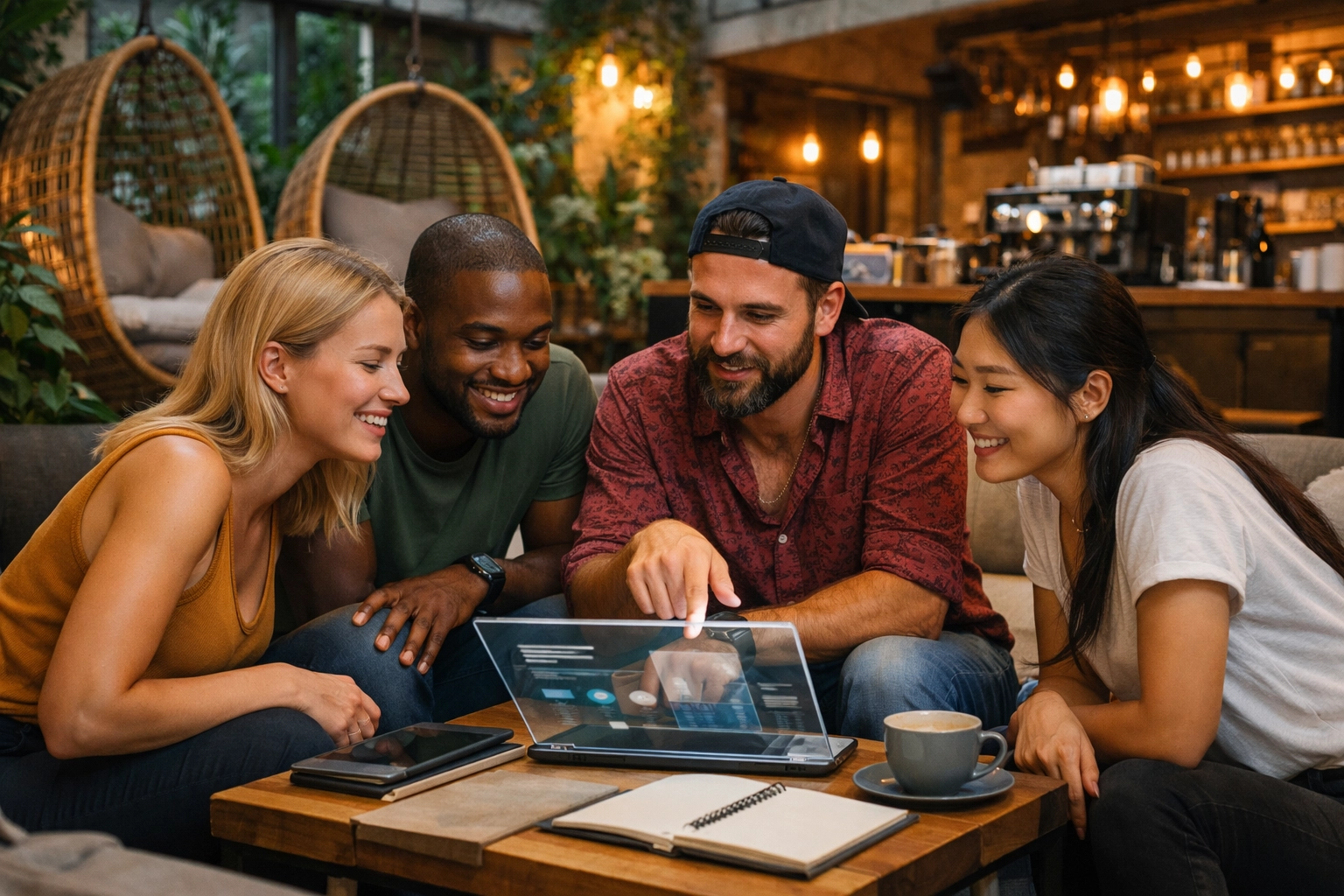 Digital nomads collaborating in a modern Belgrade coworking space during a professional skill-sharing session.