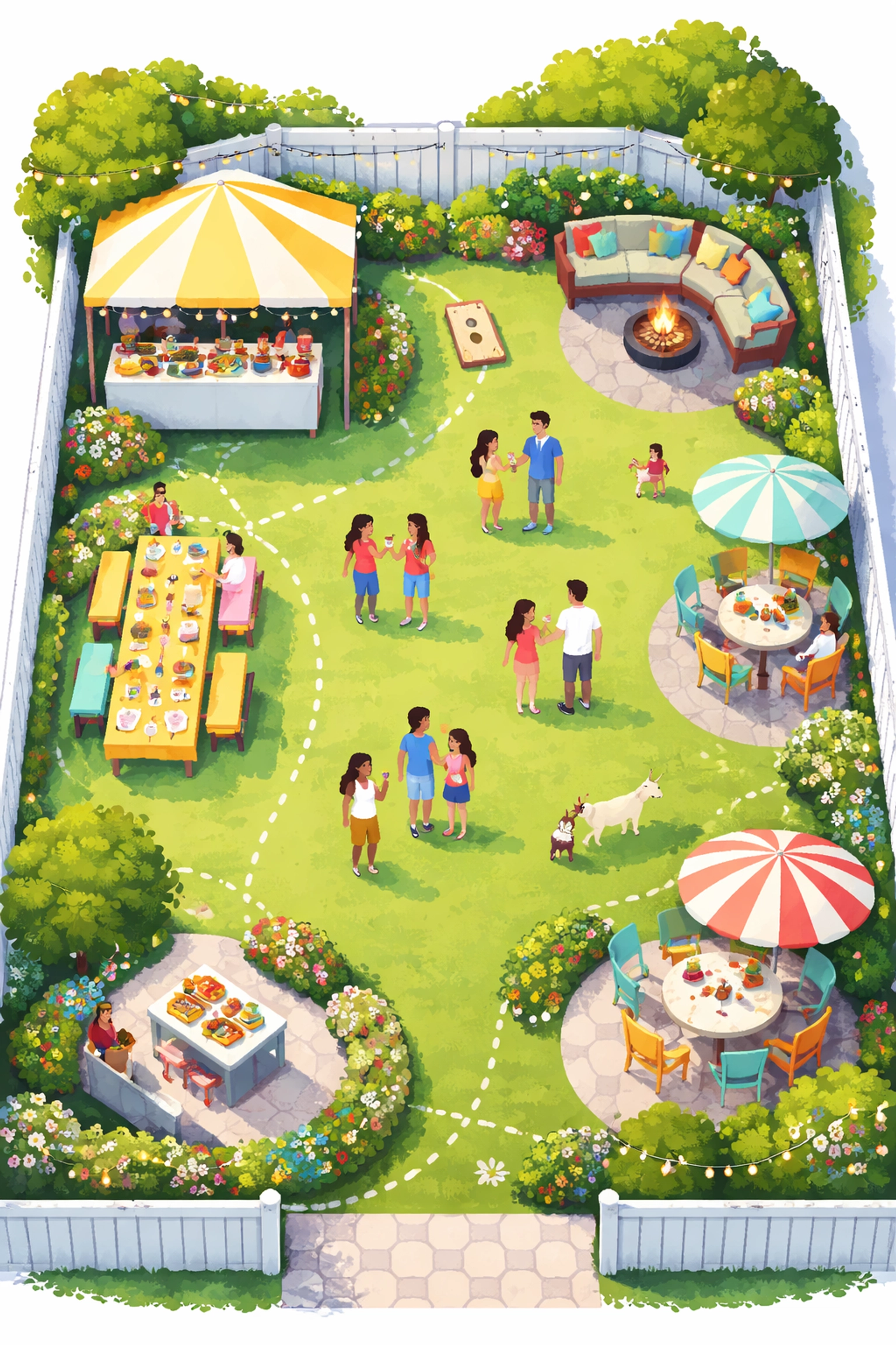 Aerial illustration of a small rectangular backyard party layout with zones for canopies, food stations, and guest mingling areas.