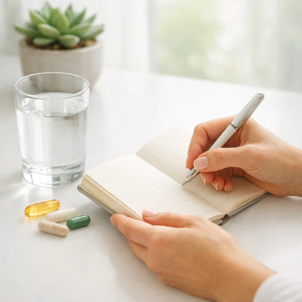 Daily NMN supplement routine with capsules, water, and wellness journal