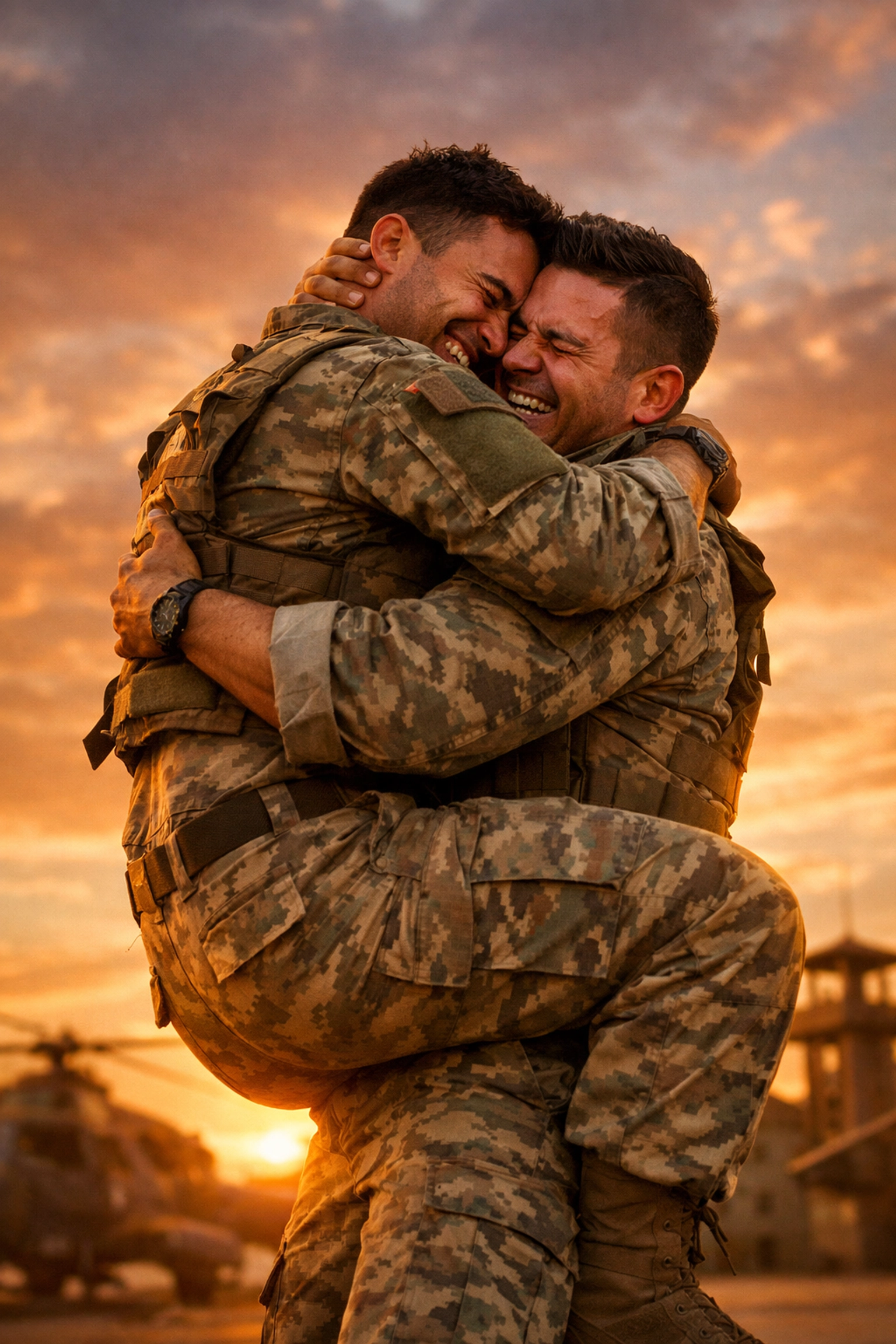 Two male soldiers embracing emotionally depicting military romance and brotherhood bonds