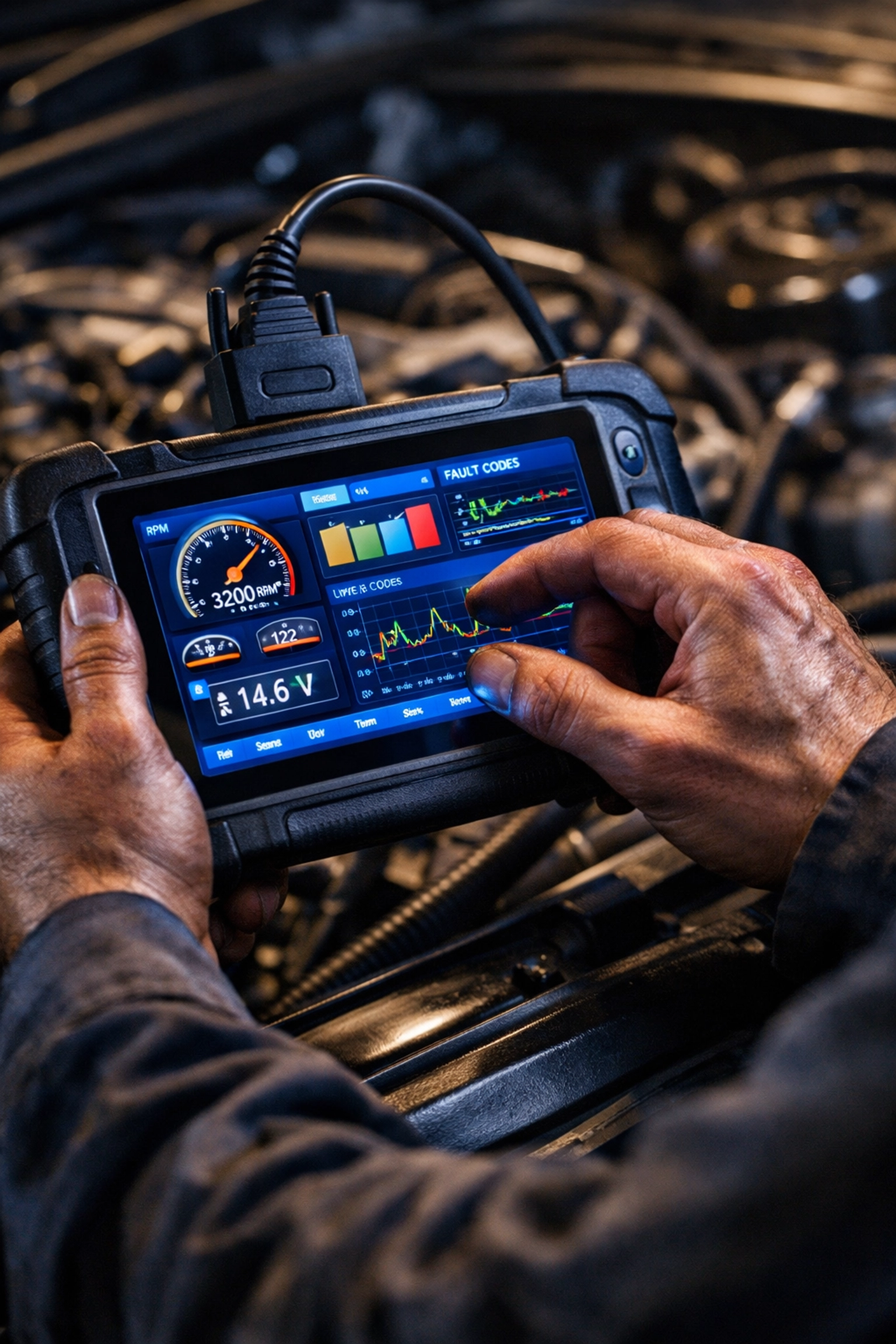 Professional diagnostic scanner used by mobile mechanic for vehicle computer diagnostics