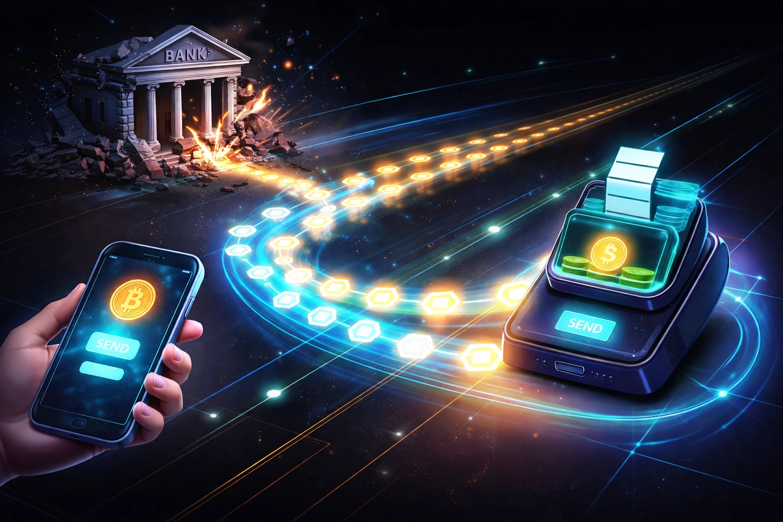 Blockchain pathway enabling direct payments from customer smartphone to merchant wallet bypassing banks