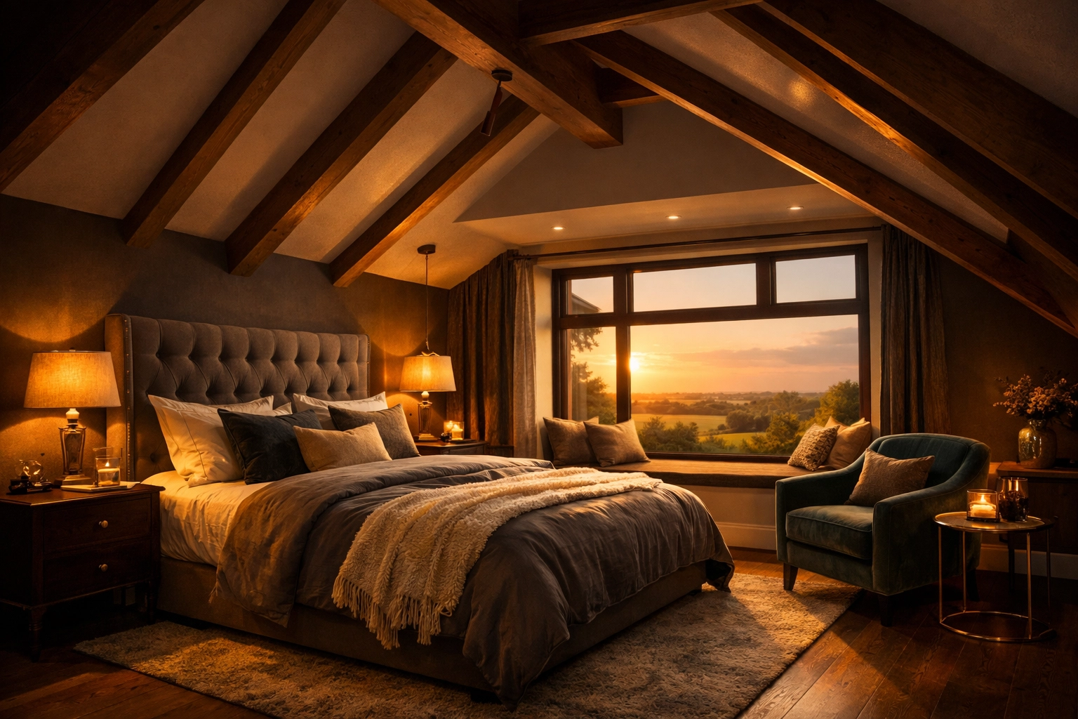 Luxury master bedroom in a West Sussex bungalow loft conversion with a large dormer window.