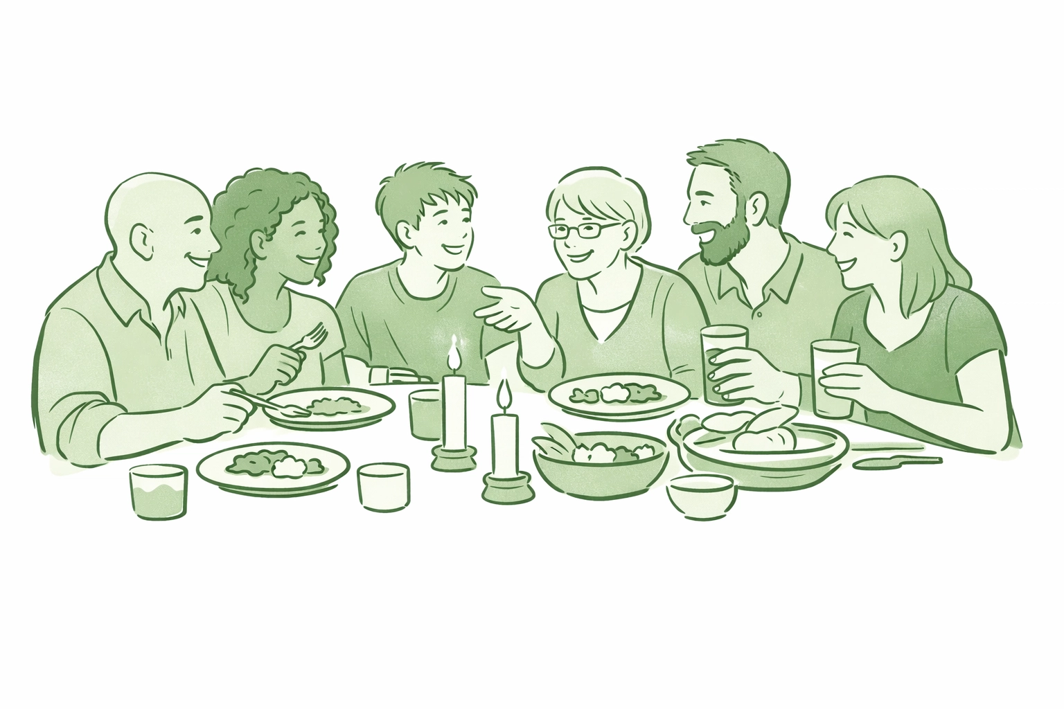 Chosen family gathering around dinner table celebrating LGBTQ+ community bonds