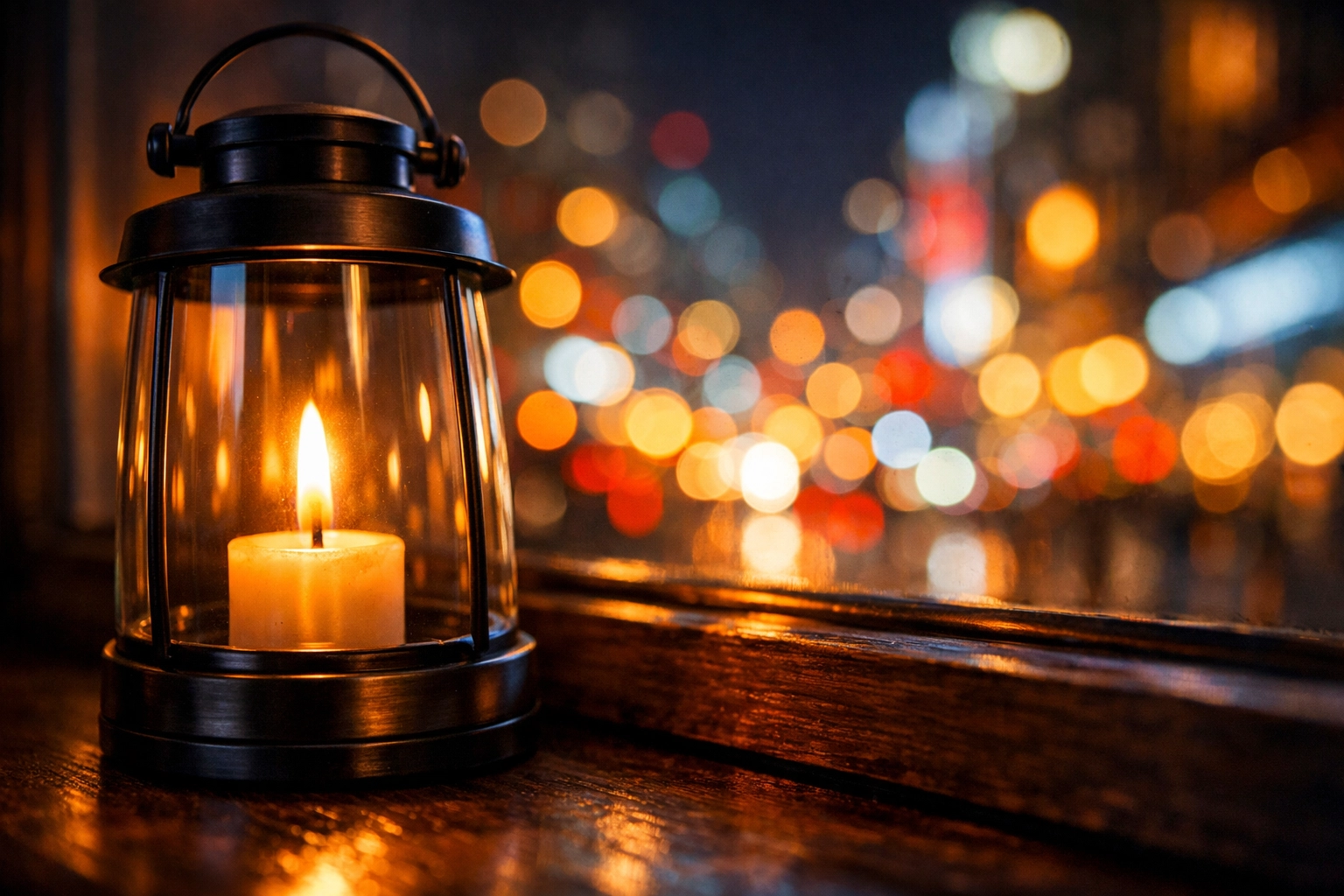 A warm lantern on a windowsill overlooking a chaotic city, symbolizing steady joy and peace in a restless world.