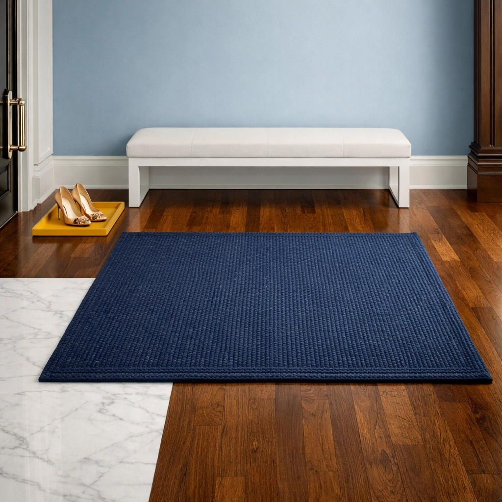 A clean entryway with marble and walnut flooring, showcasing high-value house cleaning in Massachusetts.