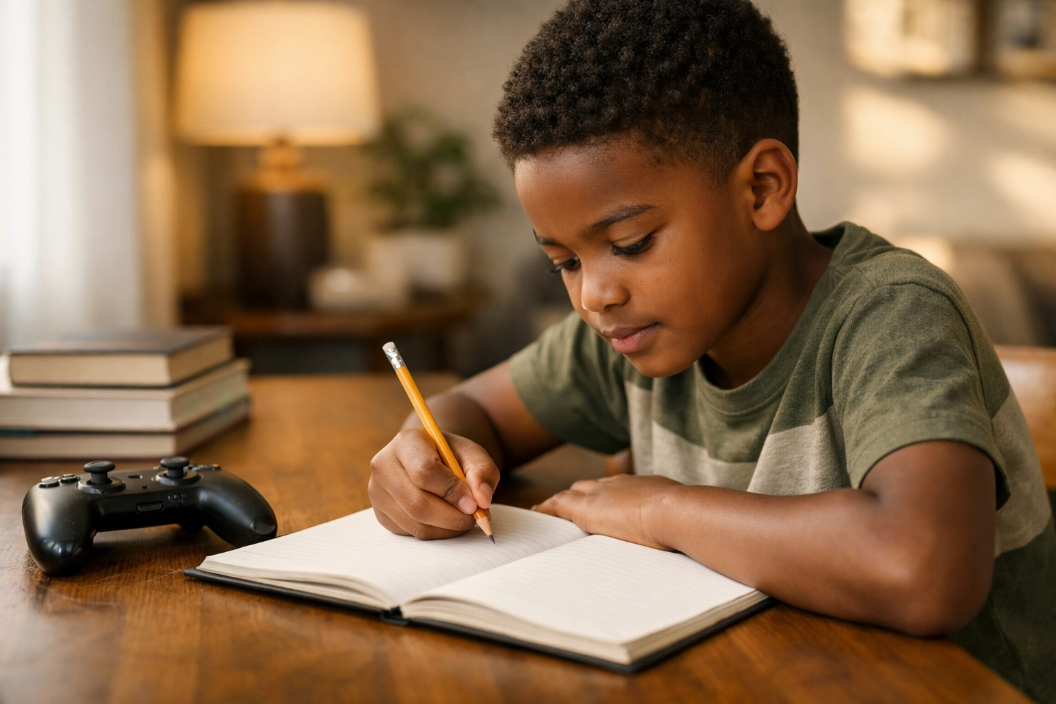 A dark-skinned boy writing a story in a notebook at his desk, with a game controller beside him.