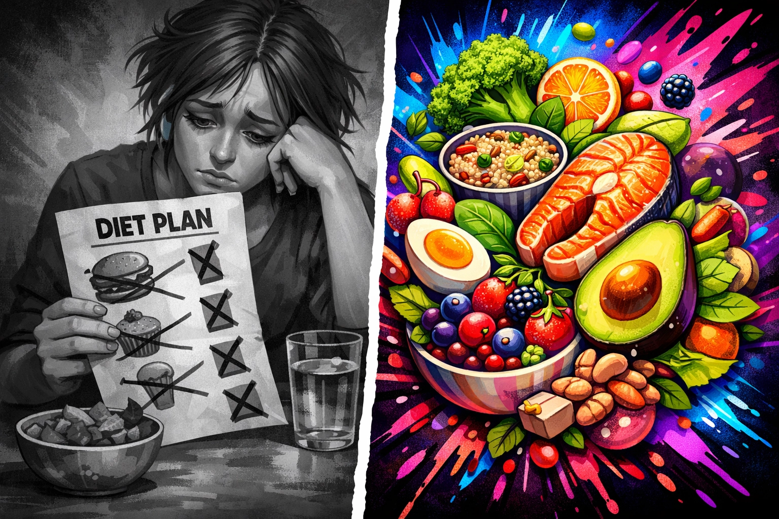 Restrictive diet checklist versus colorful whole foods showing nutrition coaching flexibility