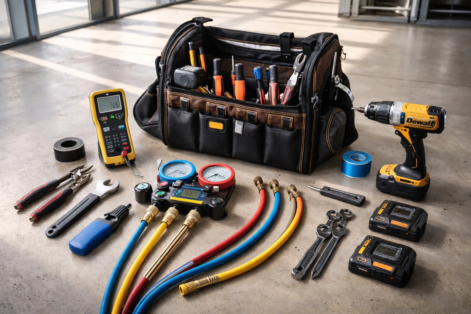 Organized HVAC technician tools and equipment laid out at a job site, showing covered assets for contractor equipment insurance.