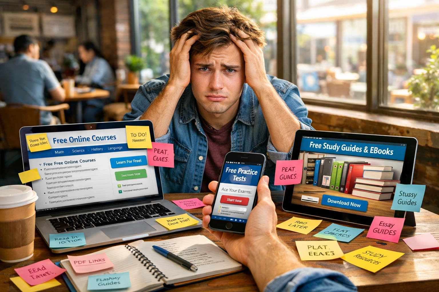Overwhelmed student trying to organize scattered free CLEP study materials across multiple devices