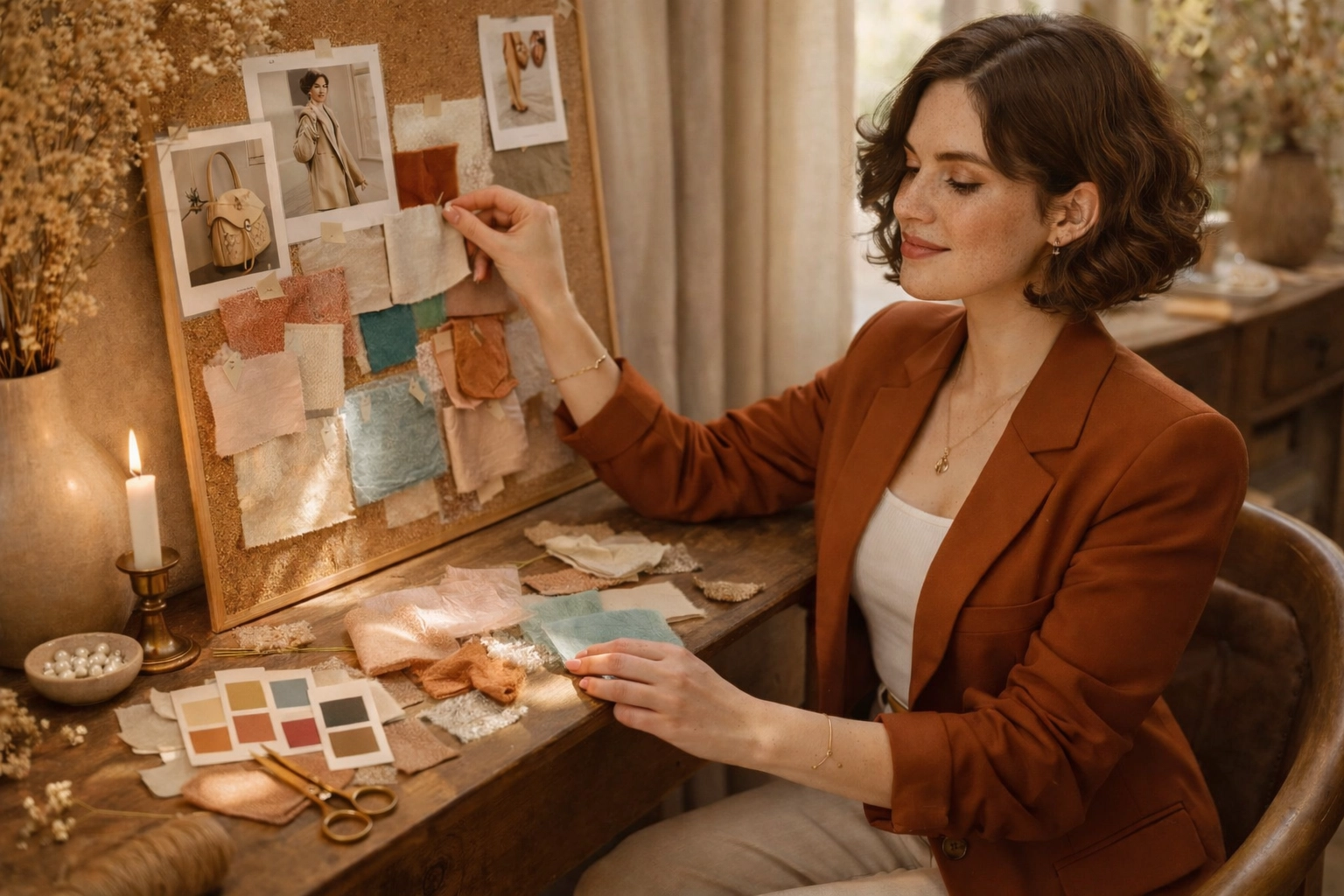 Creating a personal style mood board with fabric swatches and inspiration for wardrobe planning