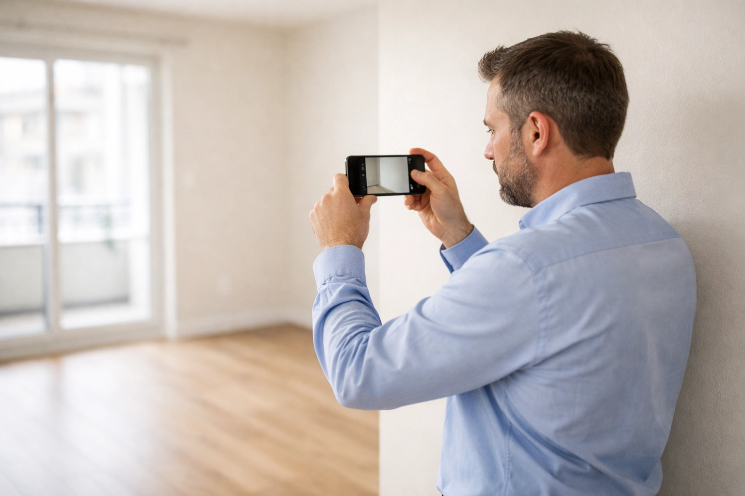 Property manager documenting apartment condition with smartphone during post-move-out inspection