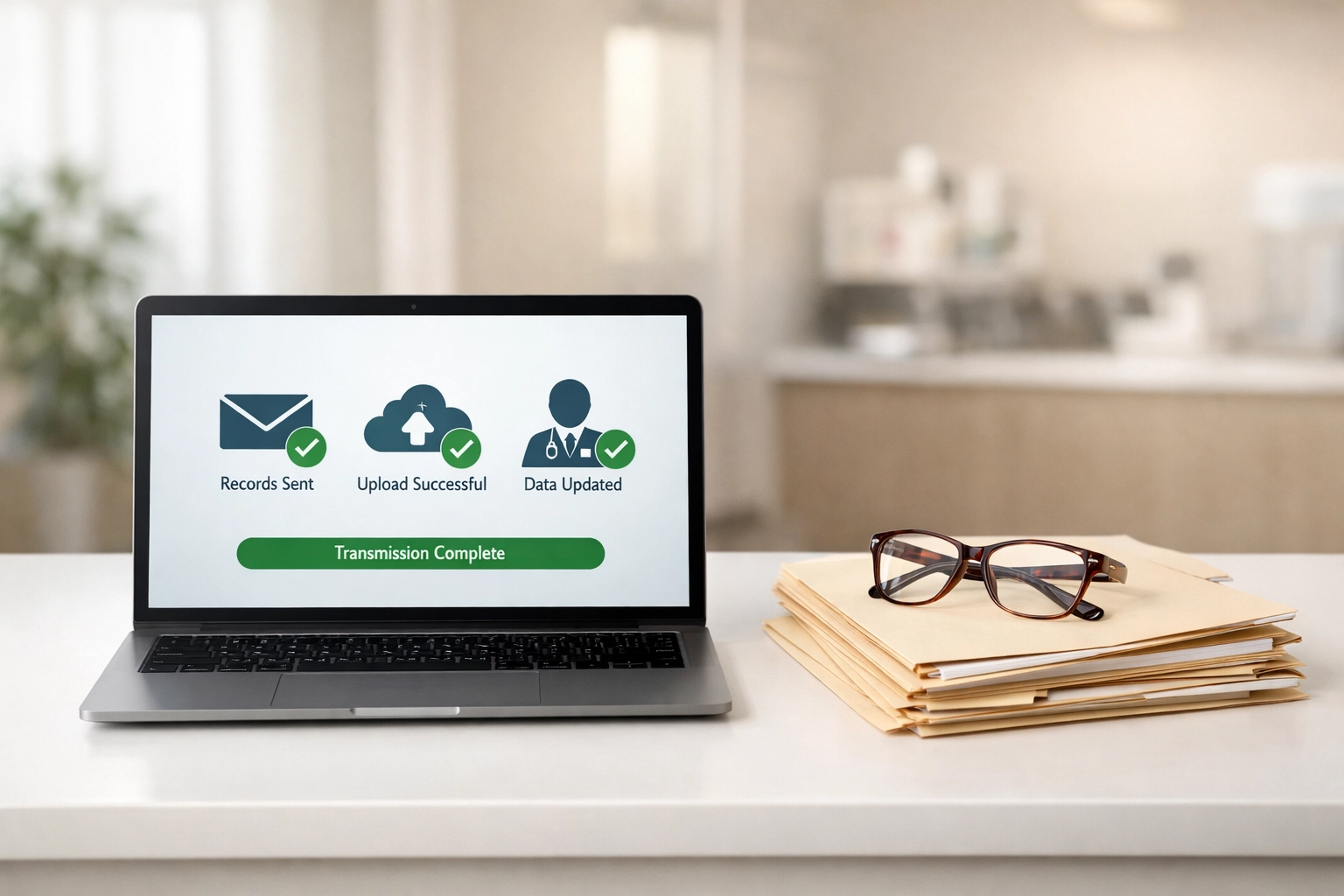 Modern medical billing office with a laptop displaying submitted claims and organized patient folders.