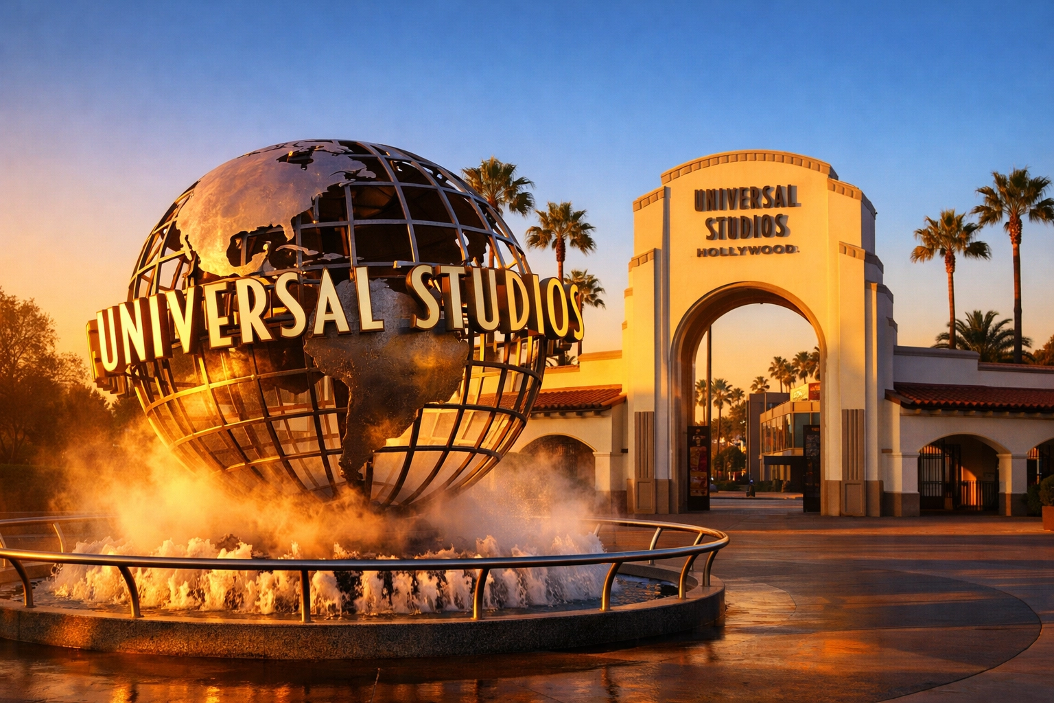 Universal Studios Hollywood globe and archway at sunset, one of the best photography locations.