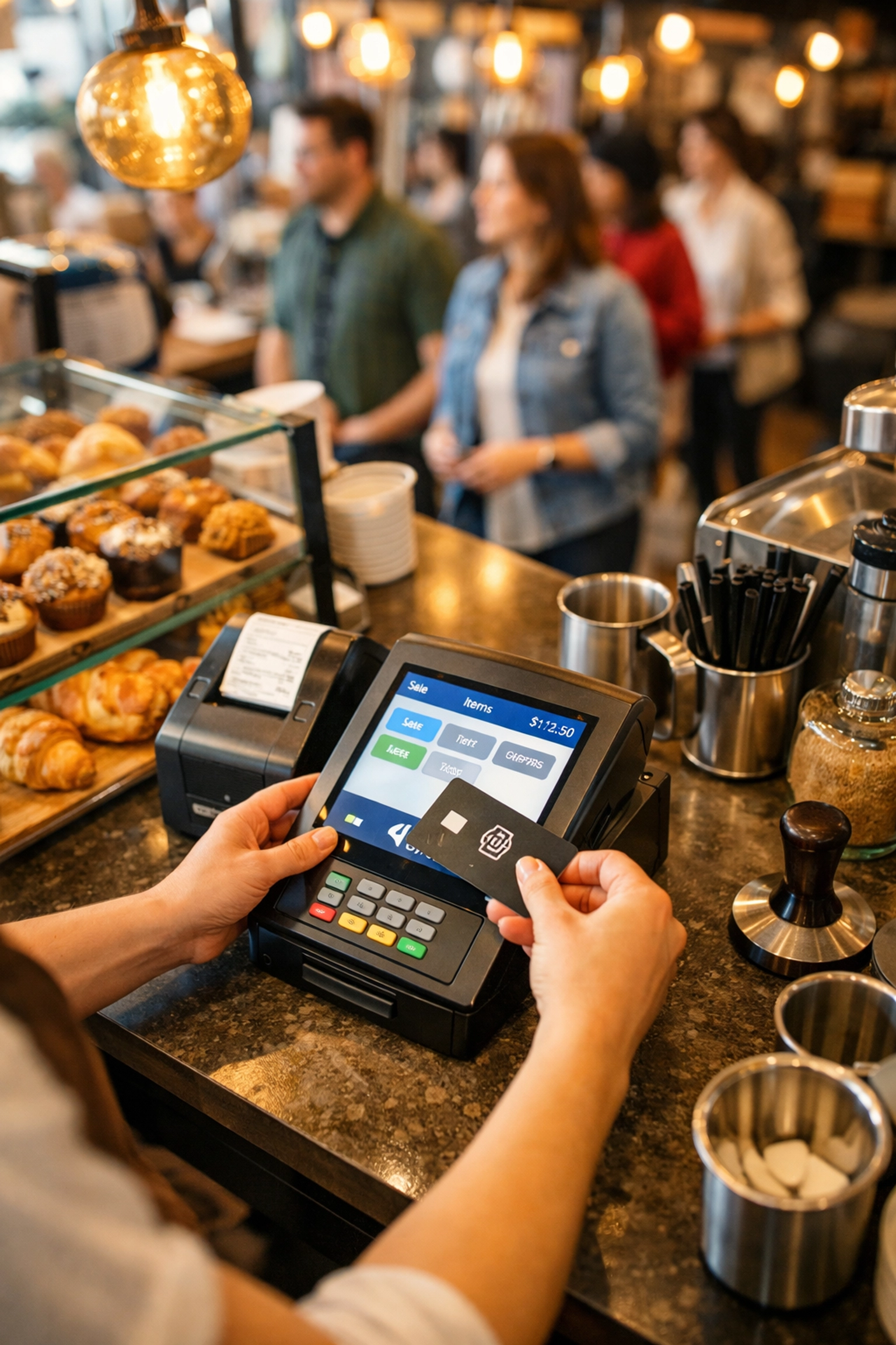 Barista processing contactless payment on café POS terminal during busy service