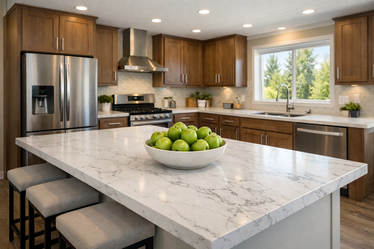 Spacious modern kitchen with a large island inside a high-quality manufactured home in Crosby.
