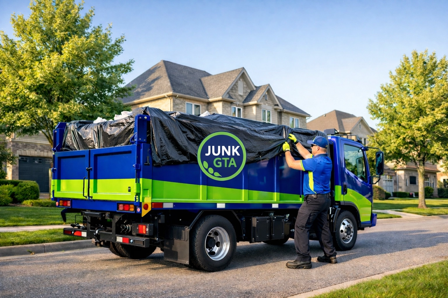 Professional Junk GTA truck in a Vaughan residential area, offering efficient debris hauling and waste disposal services.