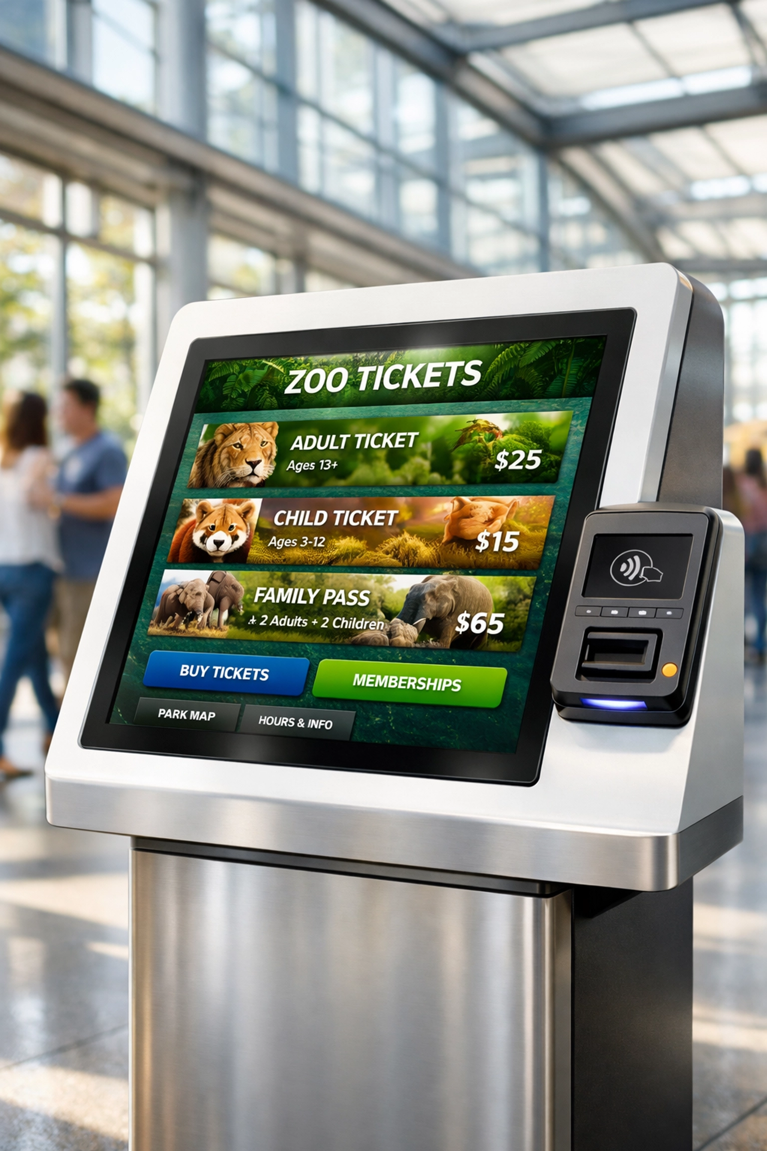 Modern self-service ticketing kiosk with contactless payment at zoo entrance