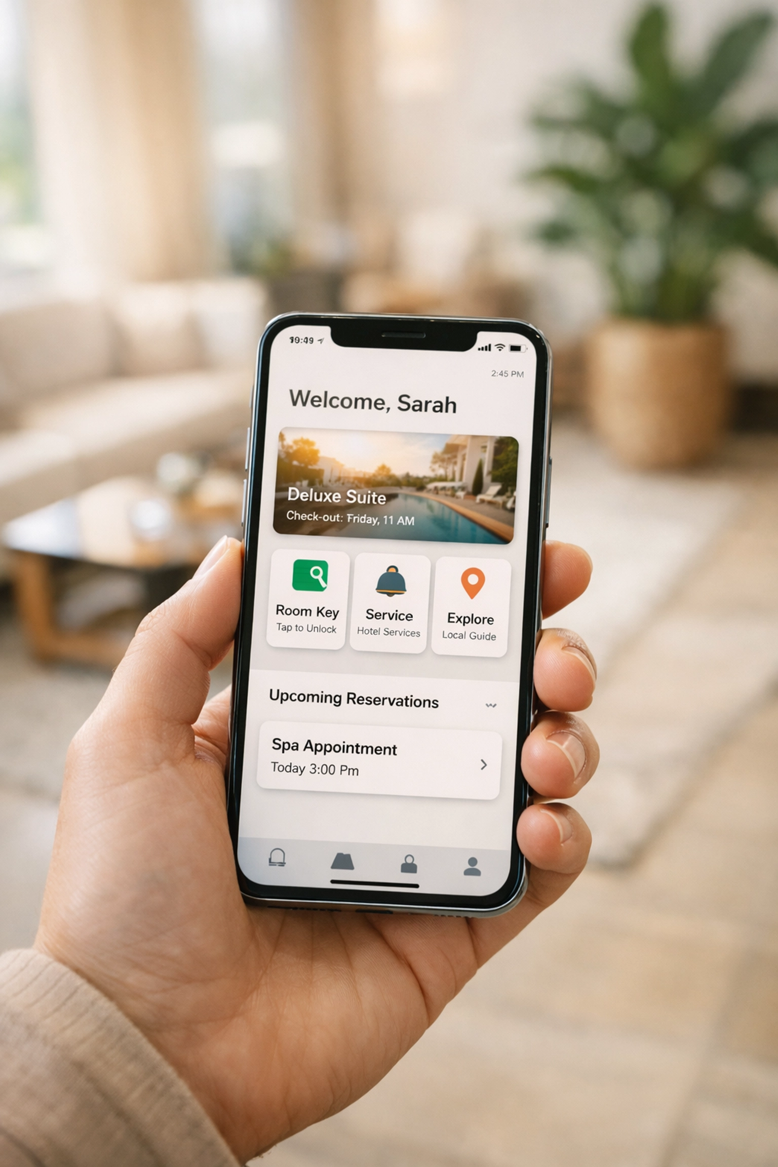 A guest using a mobile-optimized hotel booking engine on a smartphone in a bright, modern lobby.