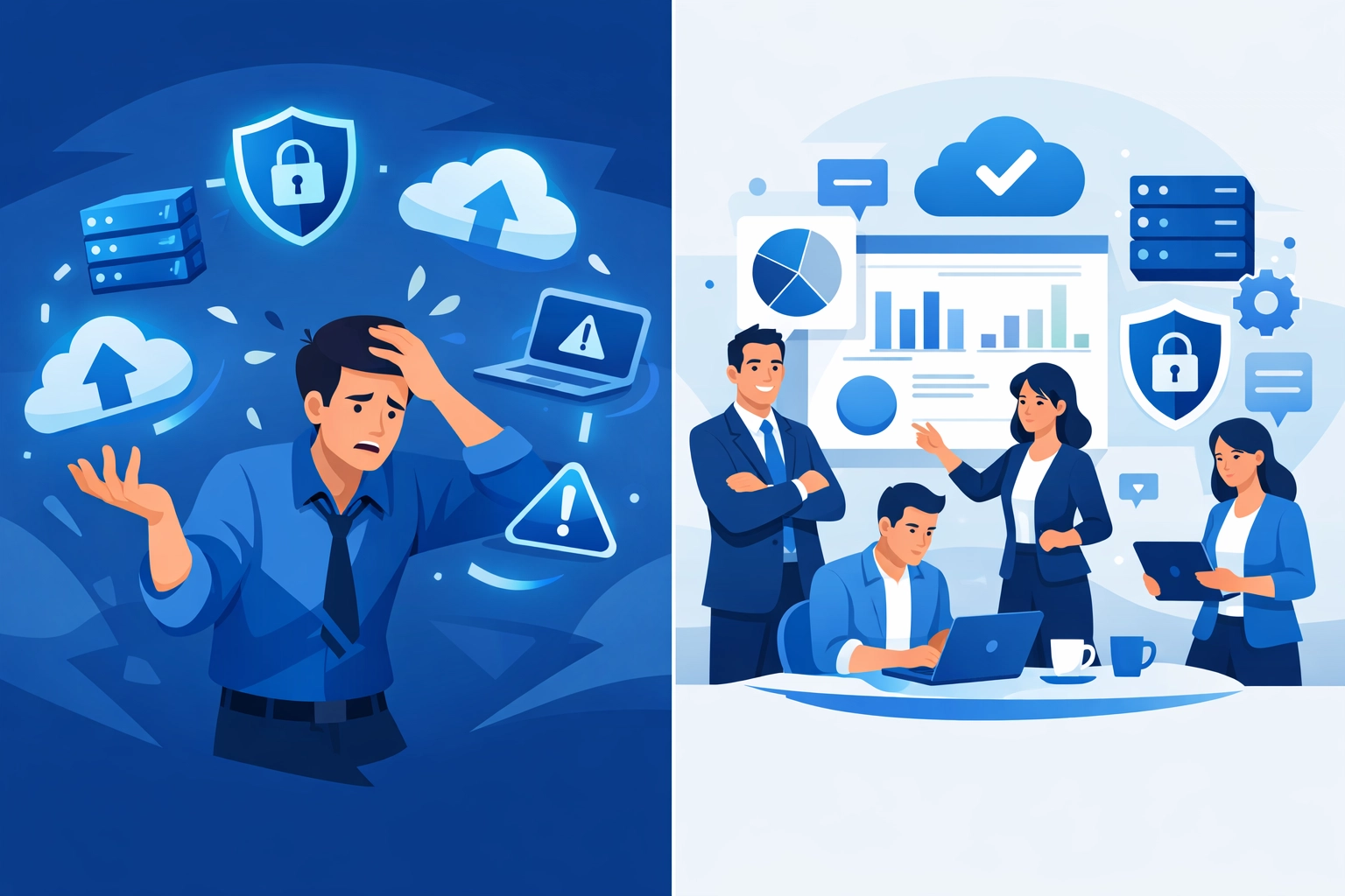 Comparison of overwhelmed in-house IT vs organized managed IT support team