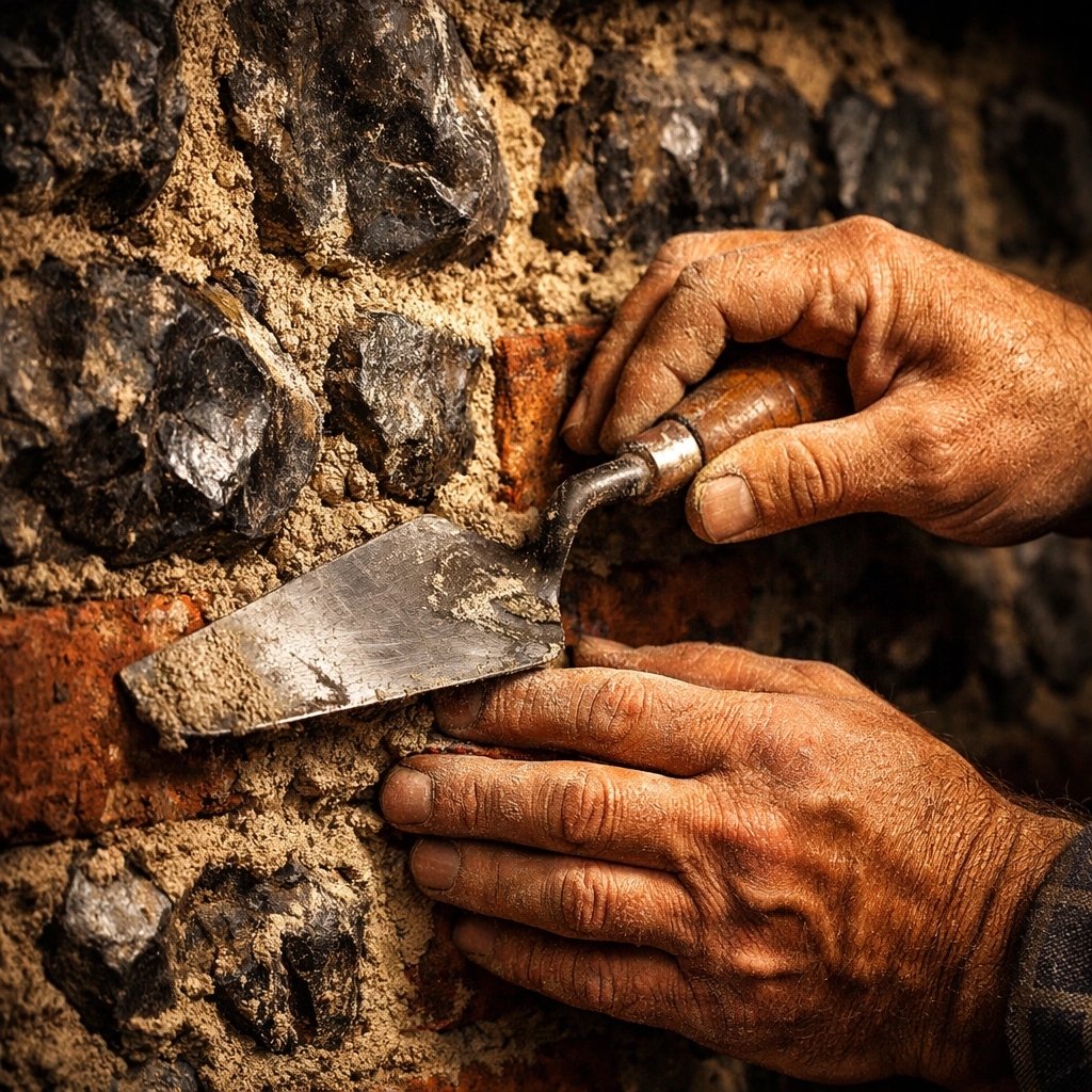 Expert bricklayer constructing a traditional flint wall for a West Sussex home renovation.