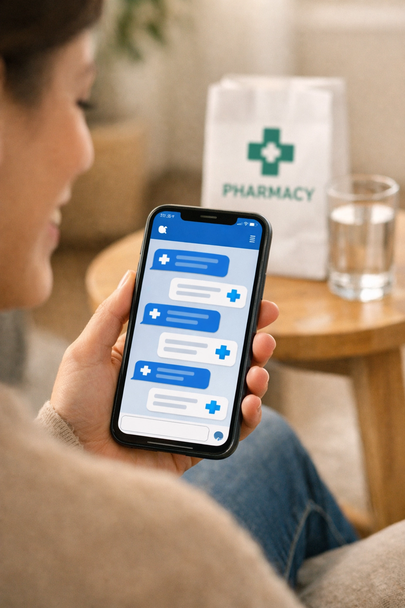 Patient receiving a UTI prescription through secure text-based online urgent care on a smartphone.