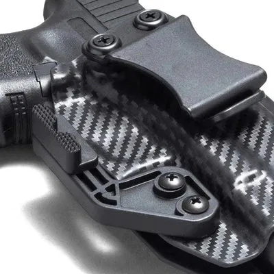 Close-up of a black carbon fiber-pattern KYDEX inside-the-waistband holster