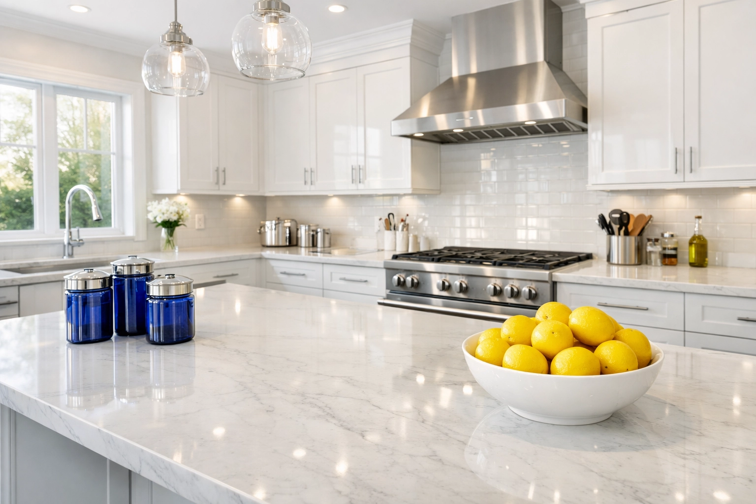Professional House Cleaning in Lunenburg, MA featuring a sanitized kitchen with sparkling white countertops.