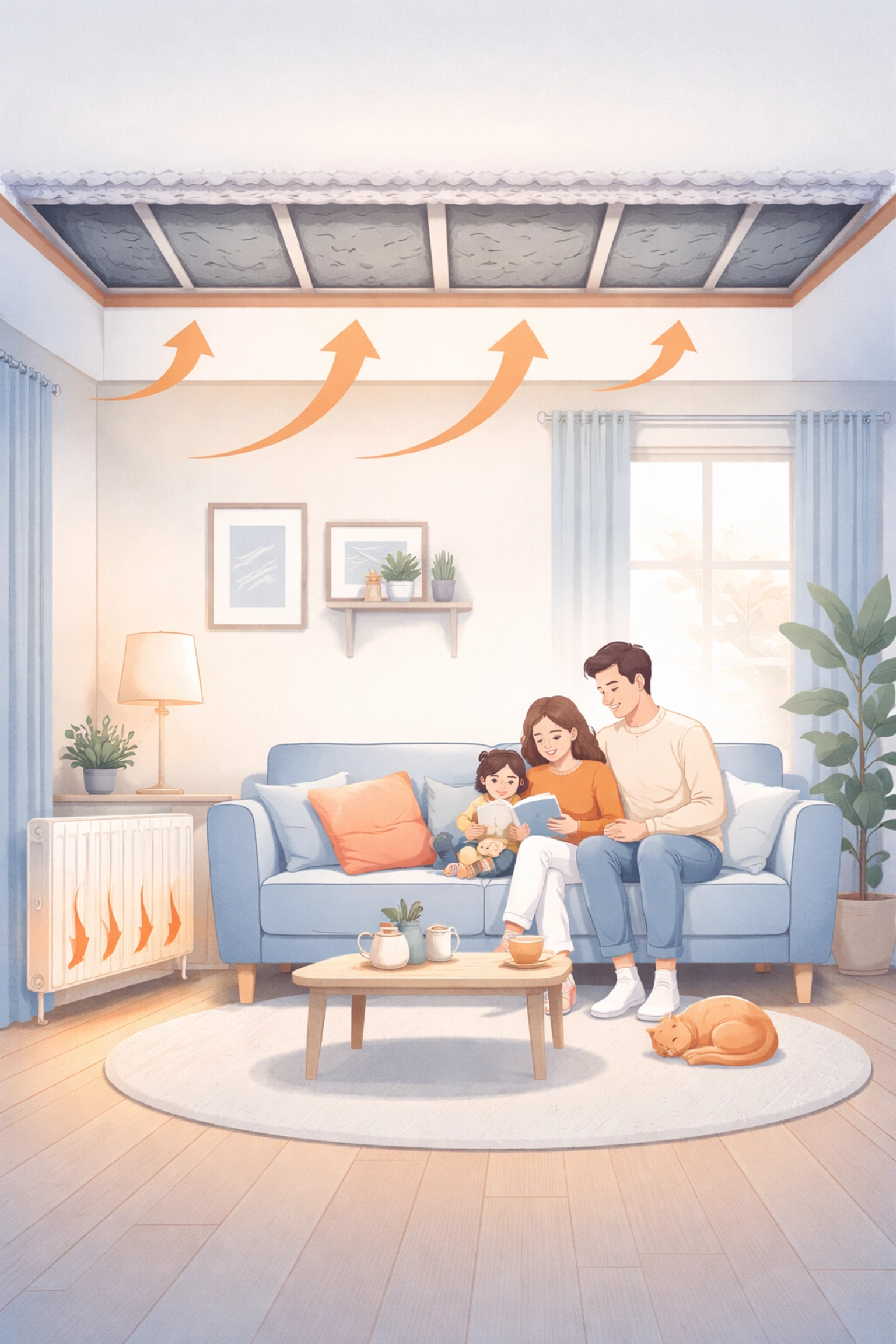 Family in a warm living room with insulated loft above, illustrating how loft insulation keeps heat inside and lowers energy bills.