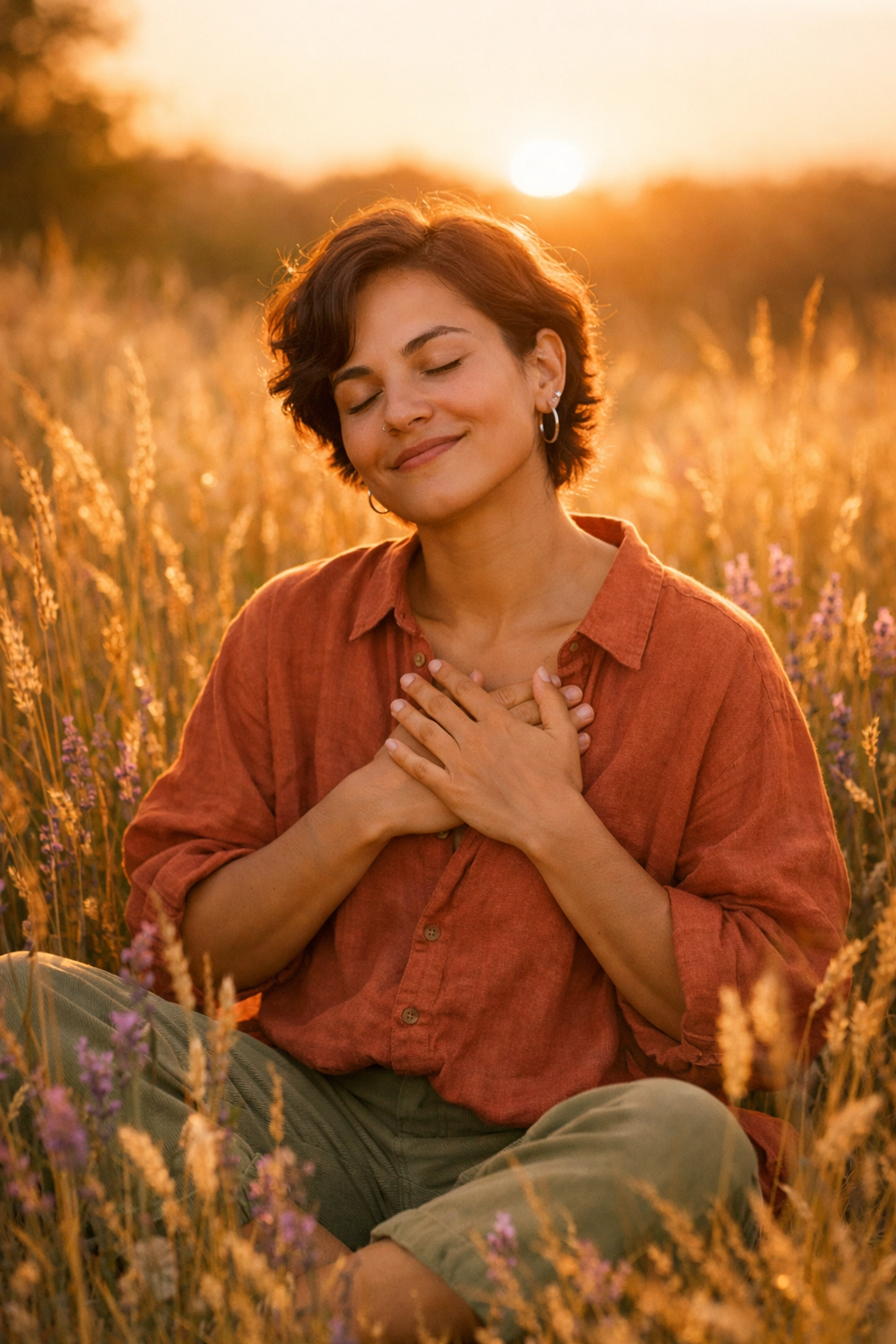 A calm person practicing self-compassion and mindfulness in a nature-filled field of lavender.