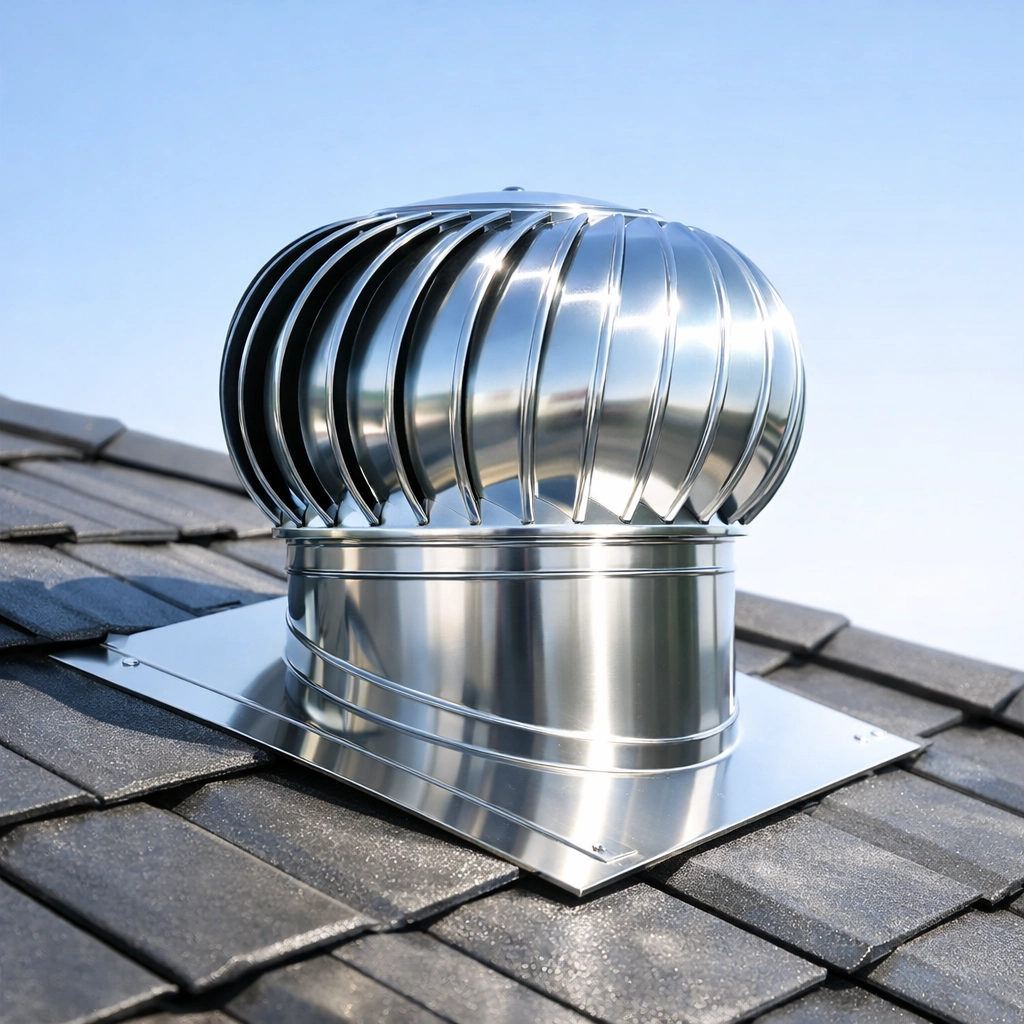 Stainless steel roof turbine vent on a tiled roof for active attic cooling and ventilation.