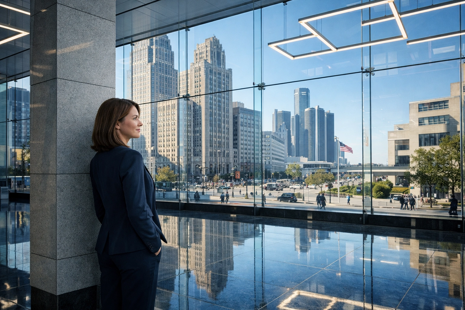 Detroit property manager in a well-maintained commercial lobby with clean, polished floors.