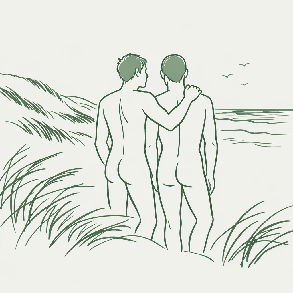 Two men embracing on Sylt's windswept North Sea beach with dramatic dunes