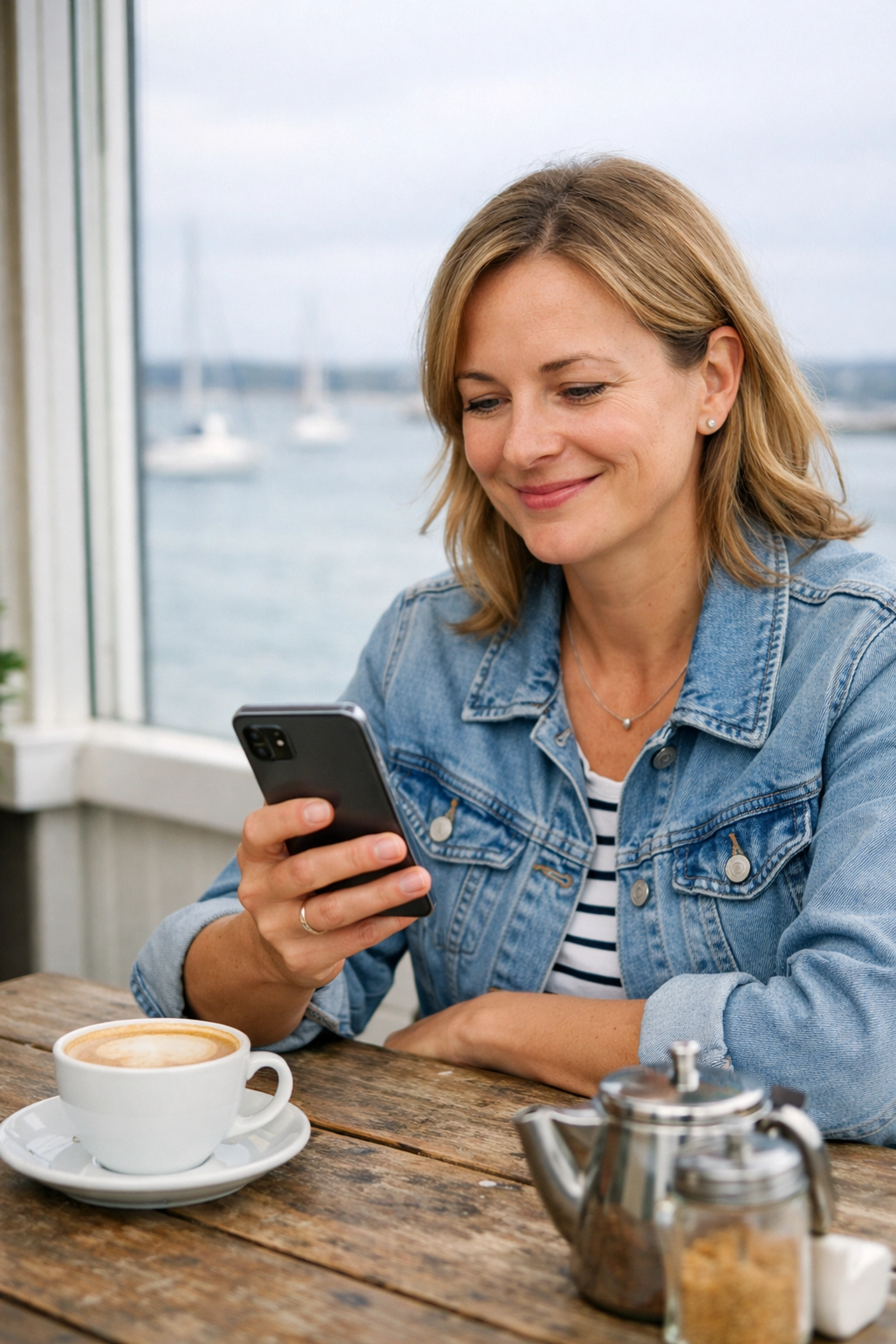 Person checking home security on a smartphone from a cafe overlooking Poole Harbour.