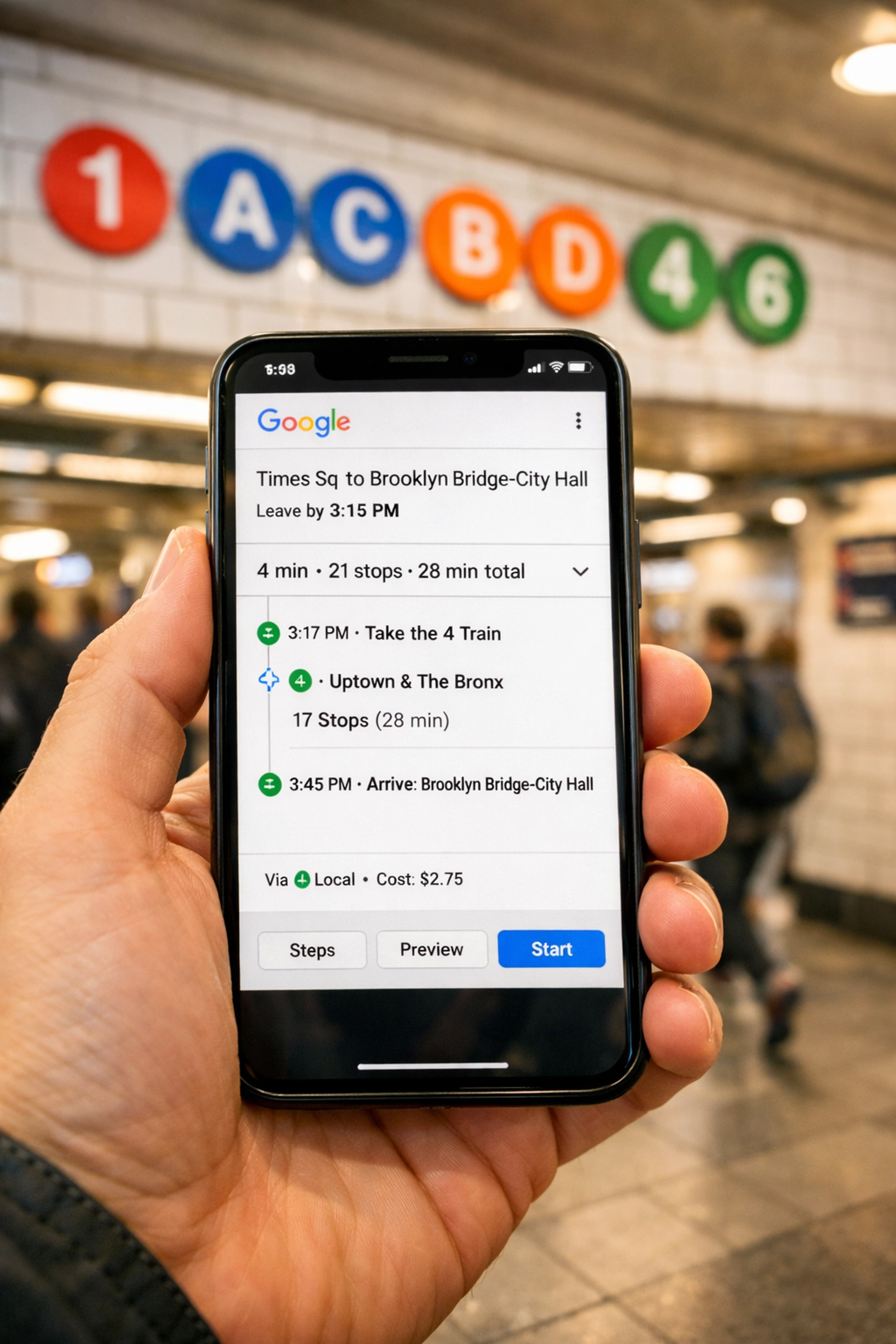 Hand holding smartphone displaying Google Maps directions for navigating the NYC subway from Times Square to Brooklyn Bridge-City Hall, with visible train line and stop details, subway station signage in background.
