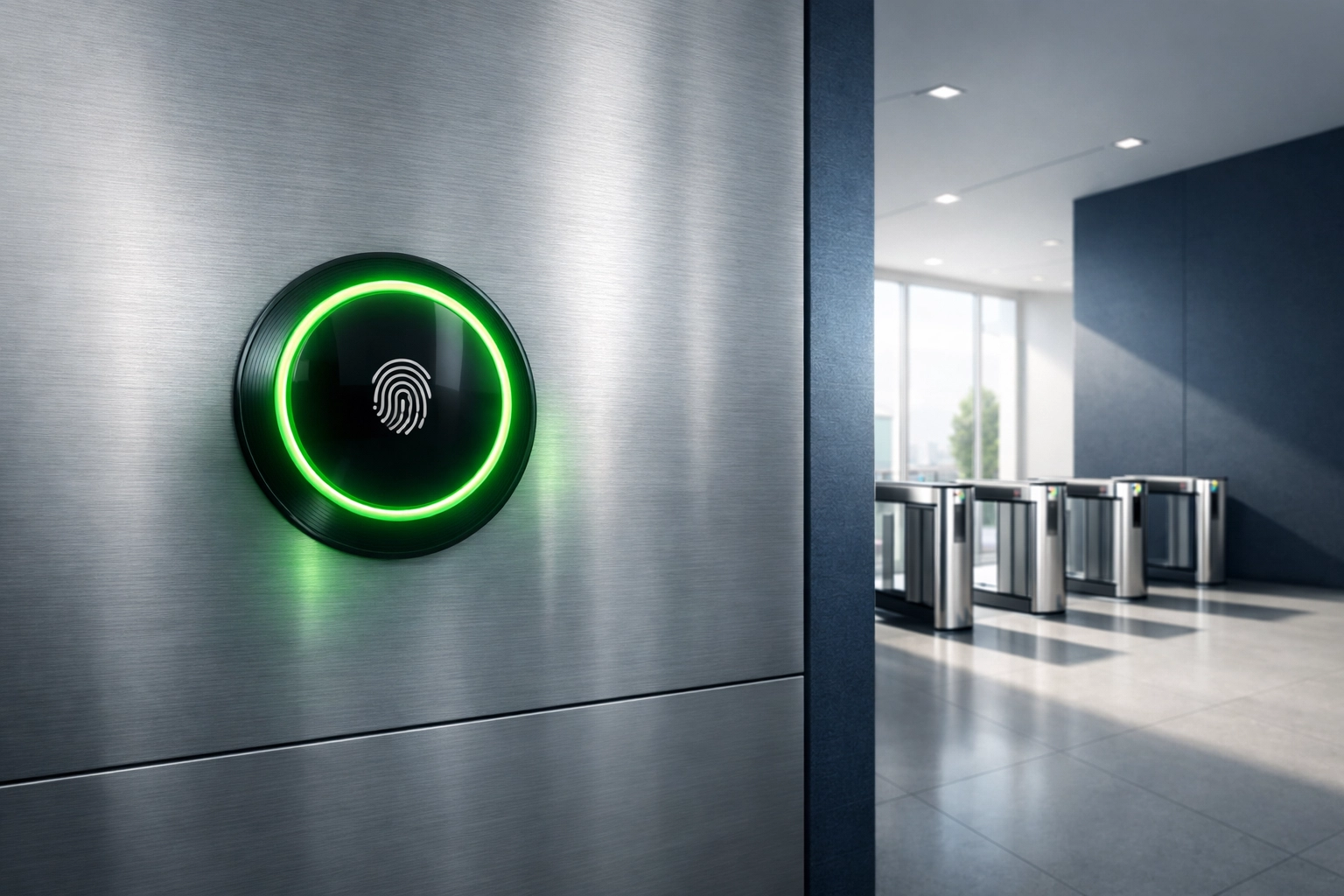 Biometric access control system at a Ventura facility ensuring CMMC physical security and data protection.