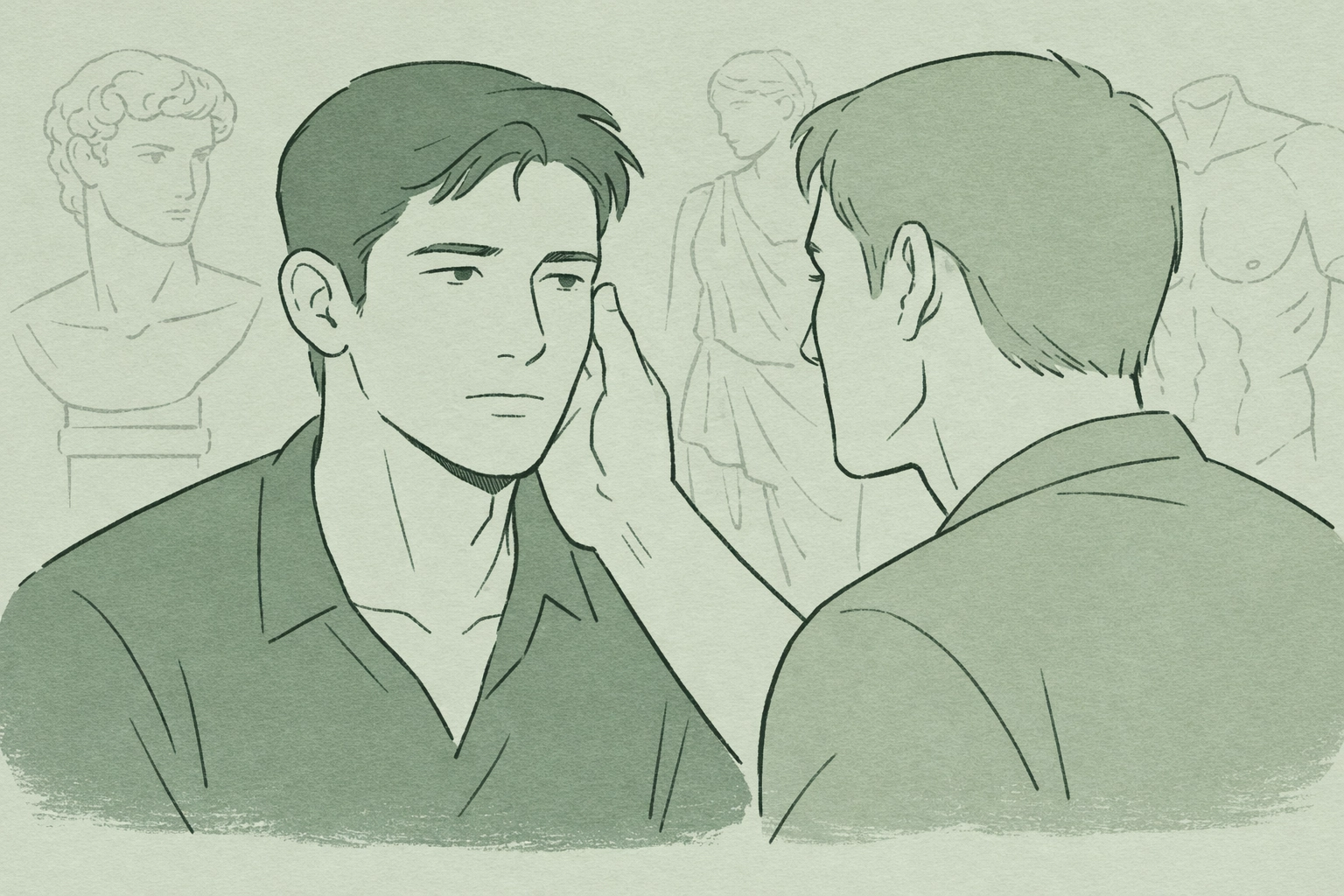 Two men in disconnected intimate moment with Greek statues shadowed in background