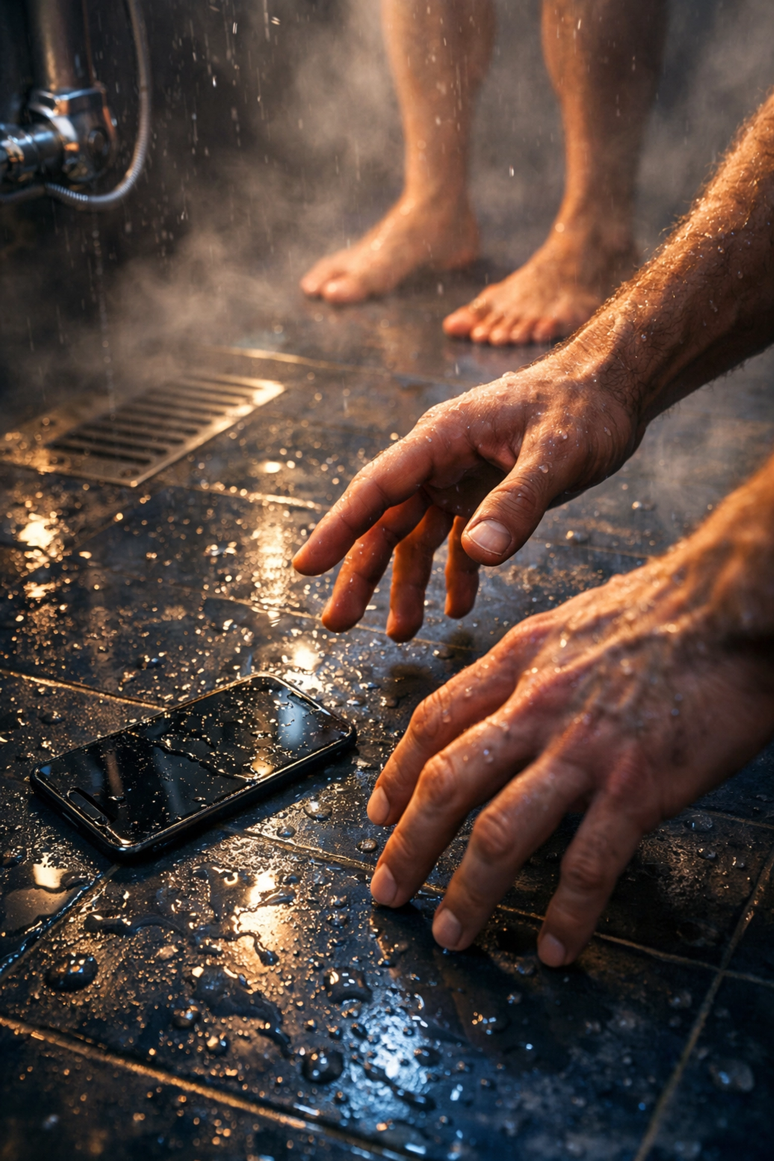Man reaching for dropped phone in gym shower - MM romance locker room scene