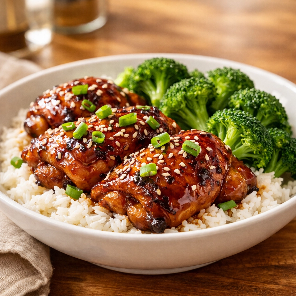 Glazed honey garlic chicken and broccoli over rice, a simple 5-ingredient dinner for busy families.