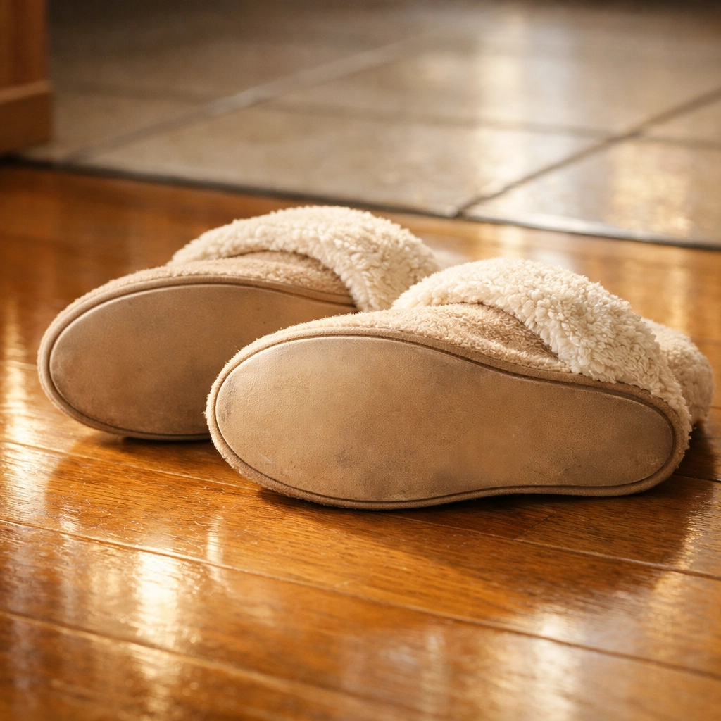 House slippers with worn smooth soles on hardwood floor showing fall risk