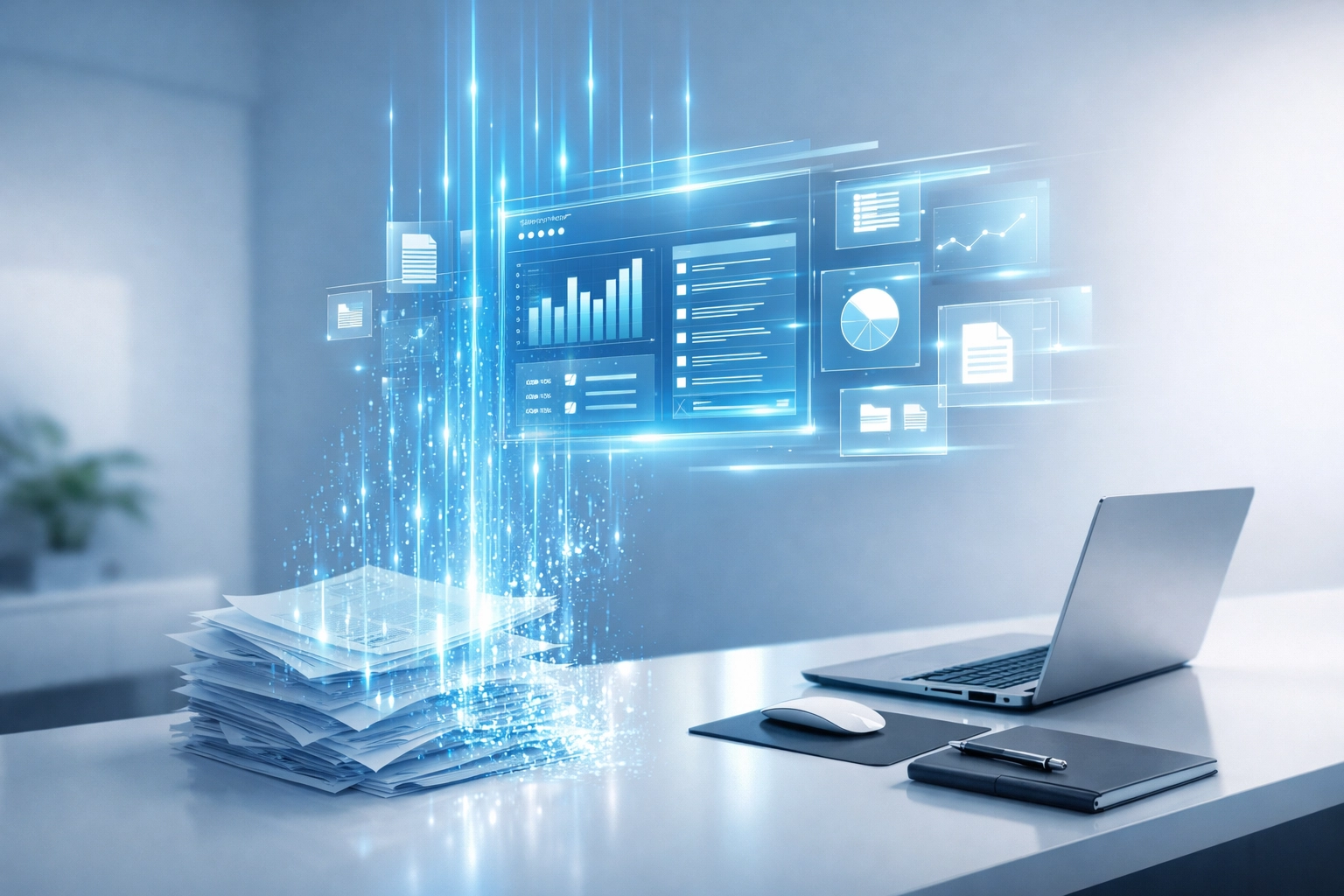 Digital streams of light transforming physical office paperwork into a streamlined automated interface.
