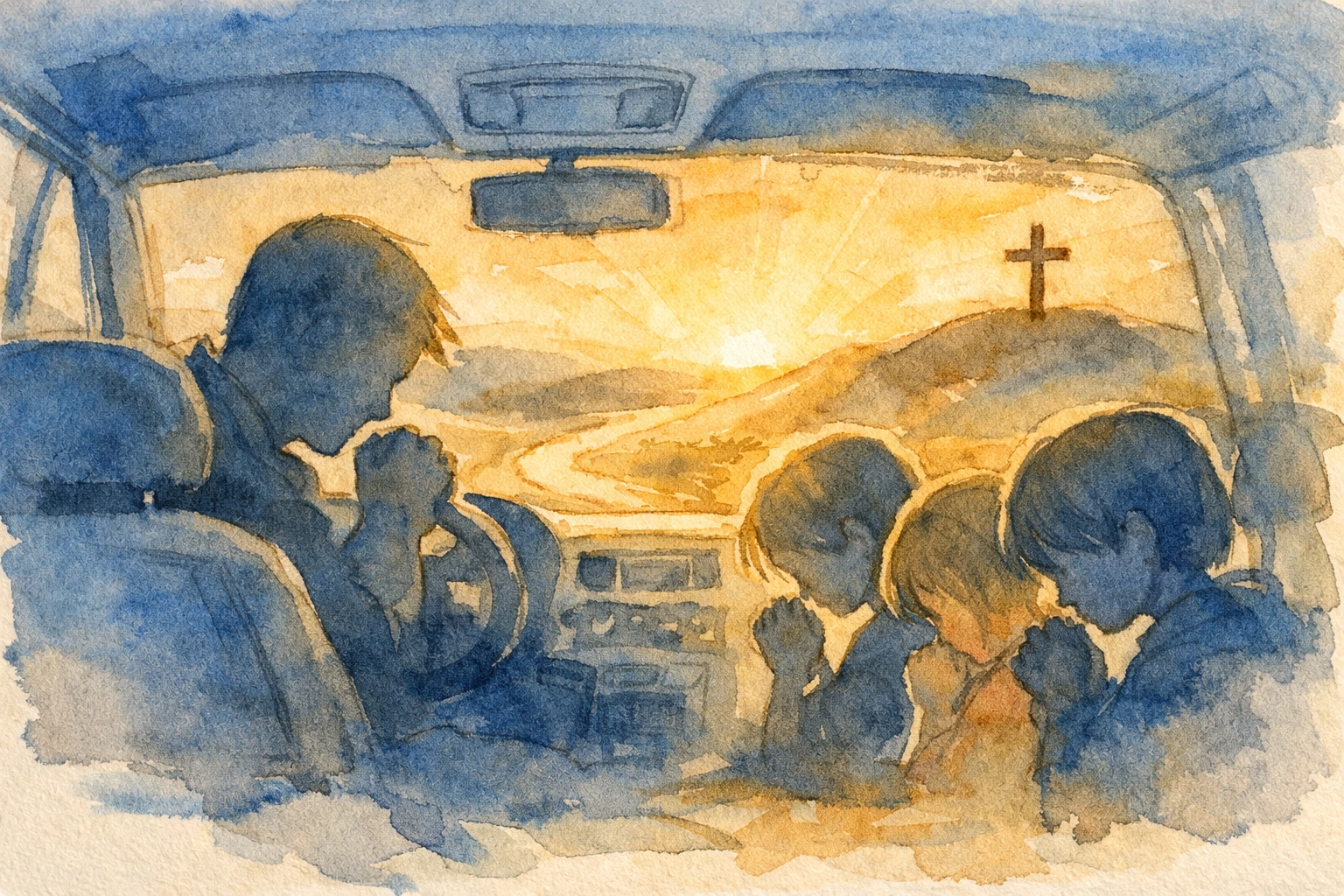 Christian family praying together during car ride, turning commute time into sacred moments