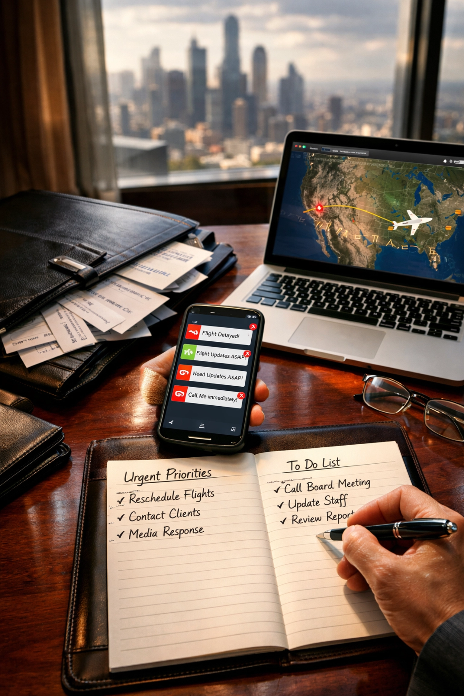 Executive desk with Super Bowl travel documents and flight tracking during crisis management