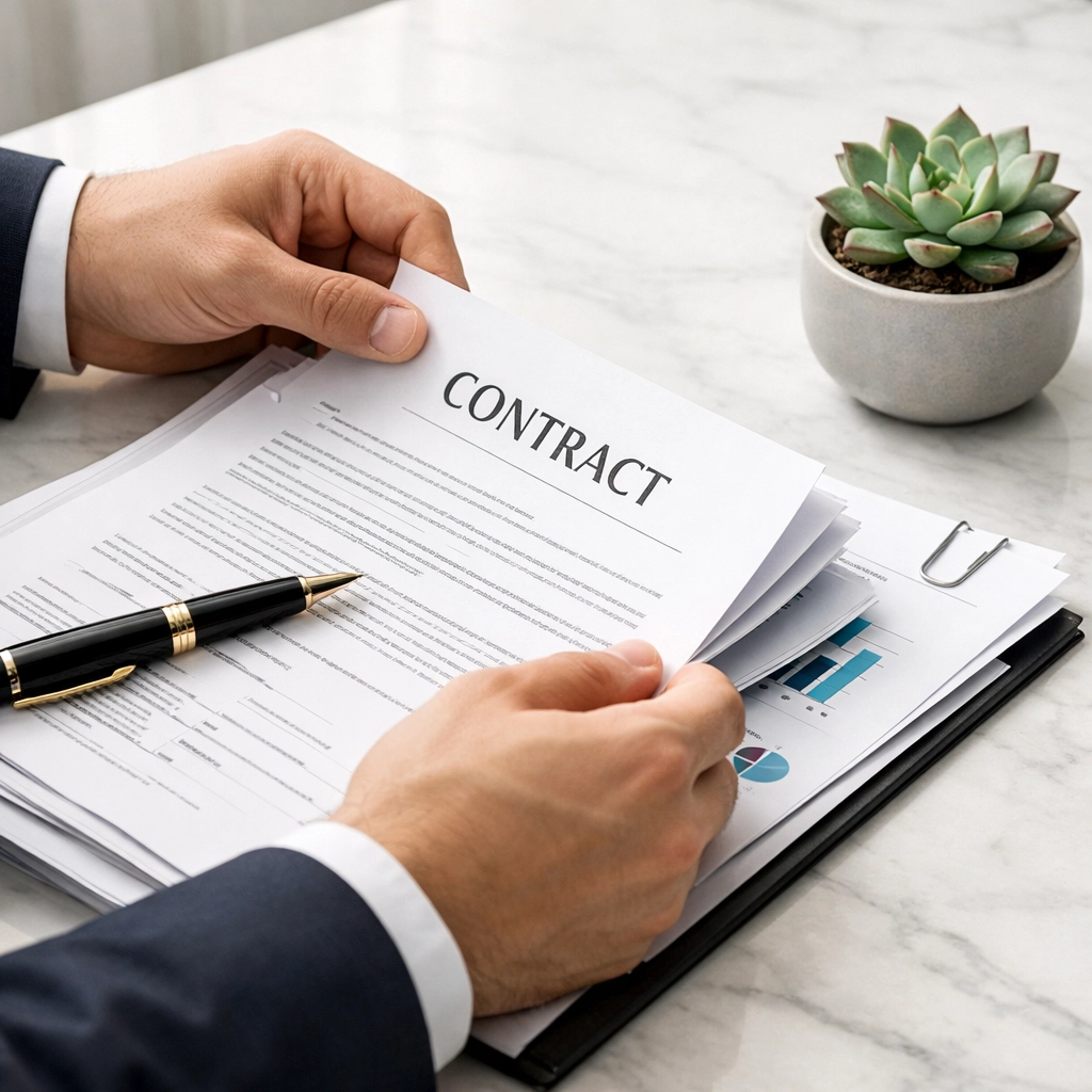 Organizing business documents and LLC compliance paperwork on a clean office desk.