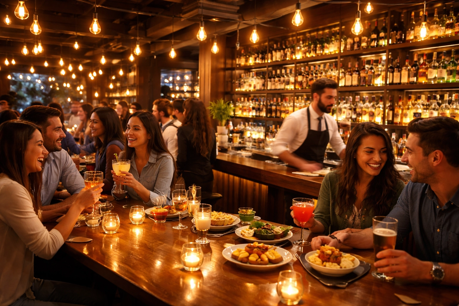 Busy restaurant bar at late-night happy hour illustrating scaling strategies and increased customer traffic