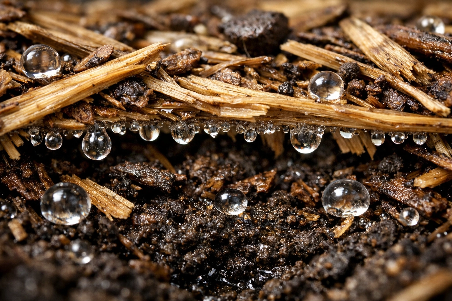 Water droplets on organic mulch showing moisture retention in garden soil