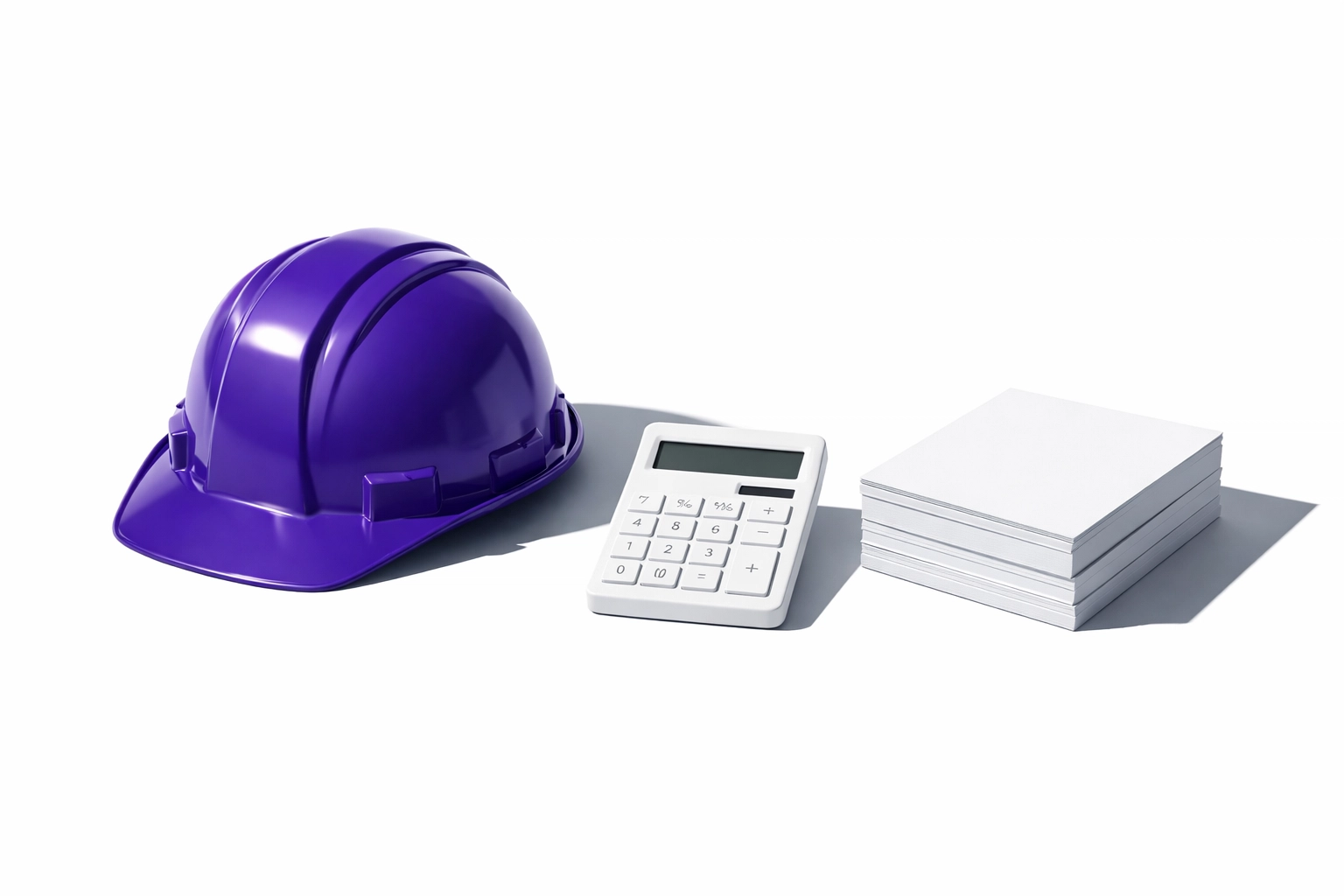 Construction bookkeeping tools including hard hat, calculator, and project documents