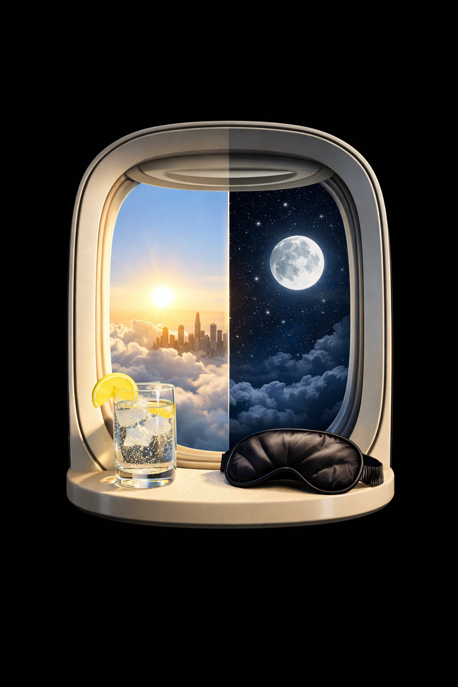 Airplane window showing day and night views for business travelers managing jet lag.